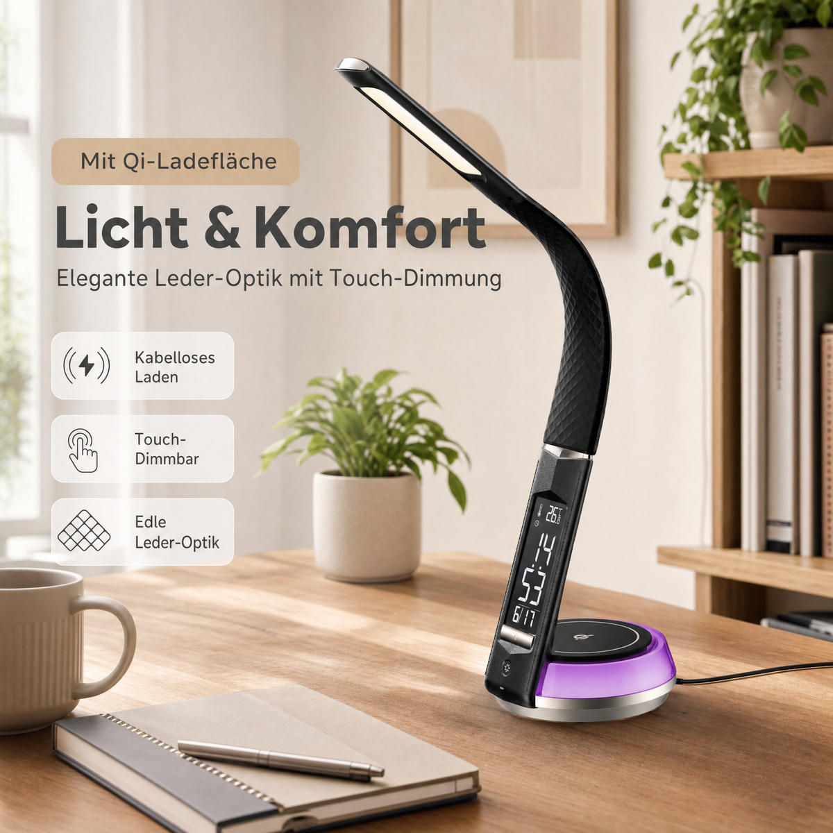 LED-SCHREIBTISCHLAMPE - mit QI-Ladestation, Touch-Dimmer und integrierter Uhr für angenehme Beleuchtung, Schwarz - Schwarz, Kunststoff (13.7/13.7/54.5cm) - Northpoint