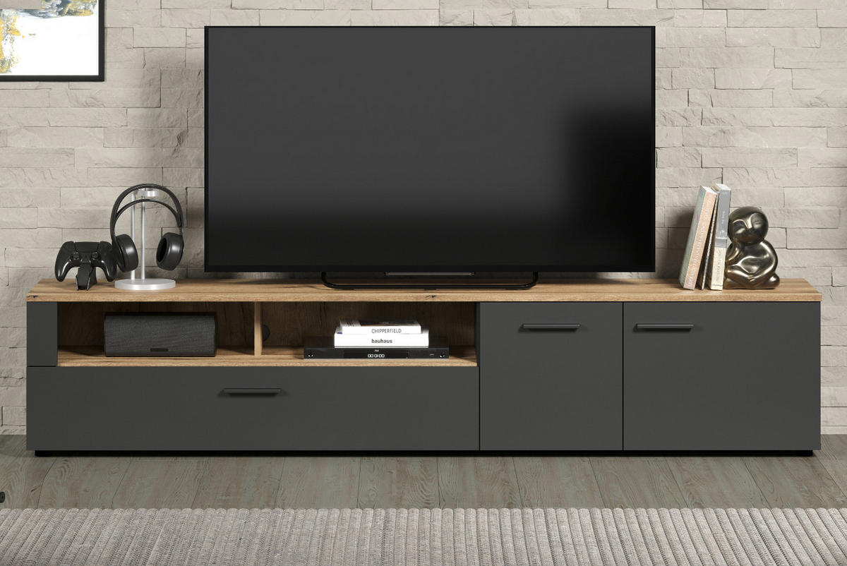 TV-LOWBOARD grau Evoke Eiche 210 x 43 cm, XL TV Unterteil mit viel Stauraum - Eichefarben/Schwarz, Holzwerkstoff/Kunststoff (210/43/41cm) - Top.Furn