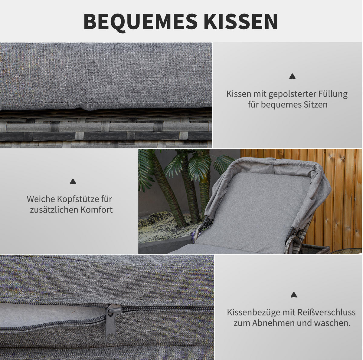 SONNENLIEGE 195/65/40 cm grau aus PE-Rattan mit Baldachin - Grau, Holzwerkstoff (65/40/195cm) - OKWISH