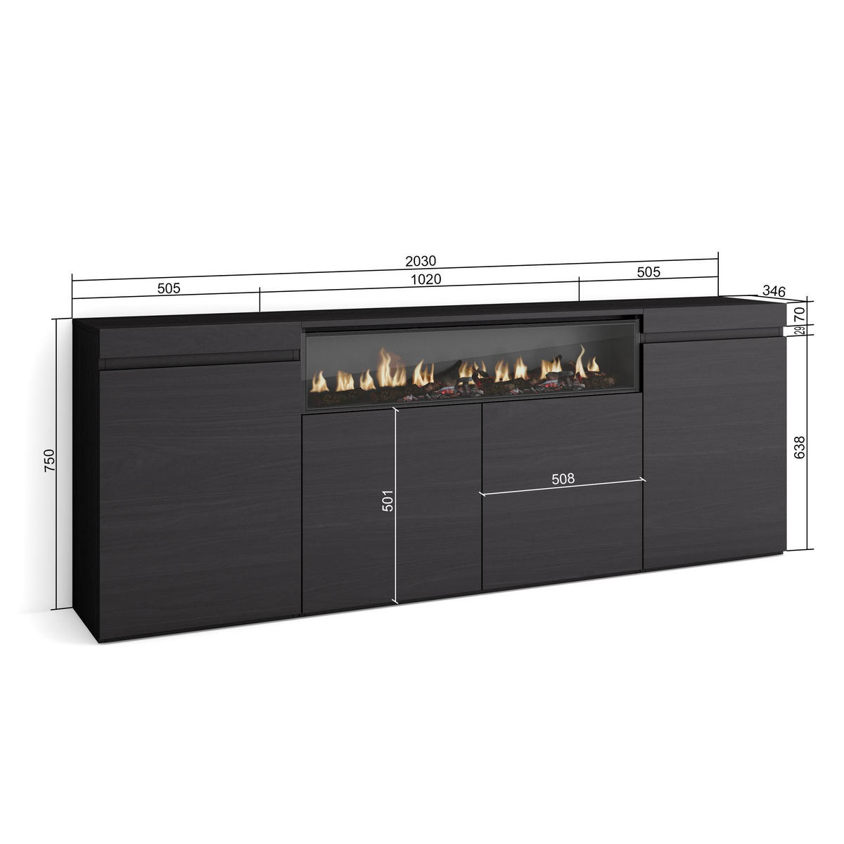 SIDEBOARD, Elektrokamin, Schwarz - Schwarz, Holzwerkstoff (203/75/35cm) - Skraut Home
