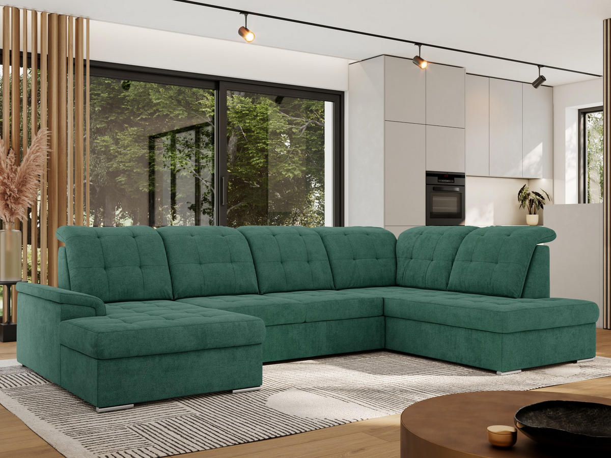 WOHNLANDSCHAFT MADRITO U - Grün Struktur - Rechts - Silberfarben/Grün, Textil/Metall (323/89/204cm) - MKS