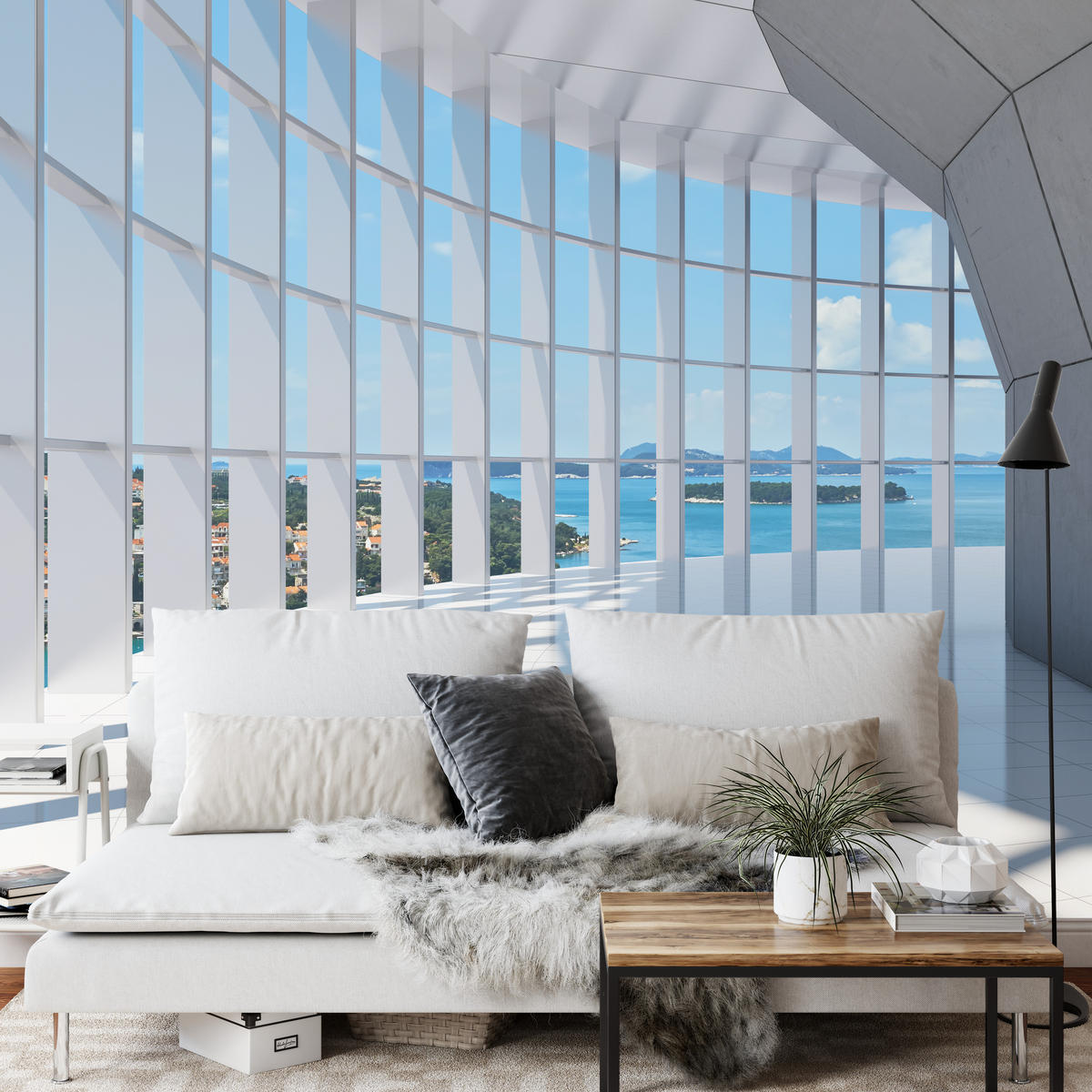 FOTOTAPETE für Wohnzimmer Räumlicher Tunnel mit Meerblick 500x350 - Blau/Beige, Papier (500/350cm) - Muralo