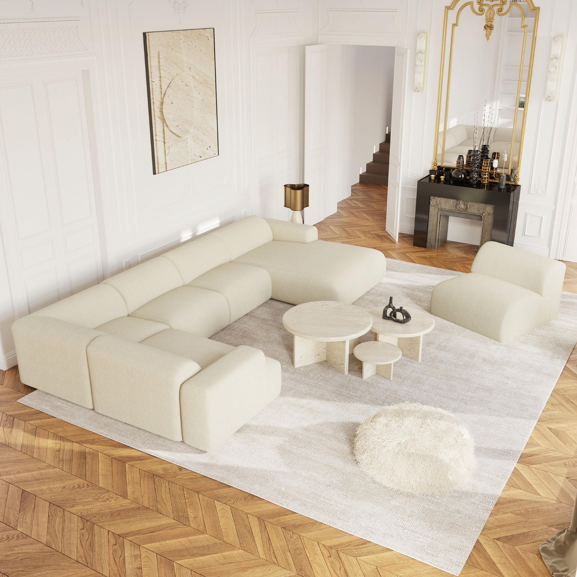 WOHNLANDSCHAFT Gerippter Samt Creme 354cm - Creme, Textil (354/73/200cm) - Sia Home