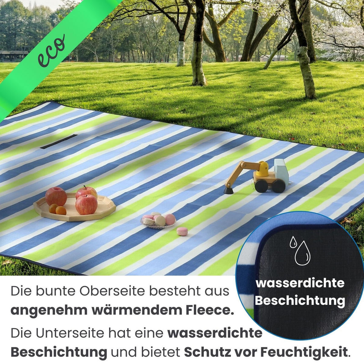 PICKNICKDECKE XXL 200x200 ecoline 100% recyceltes Fleece Streifen blau grün - Blau/Grün, Textil (200/200cm) - wometo