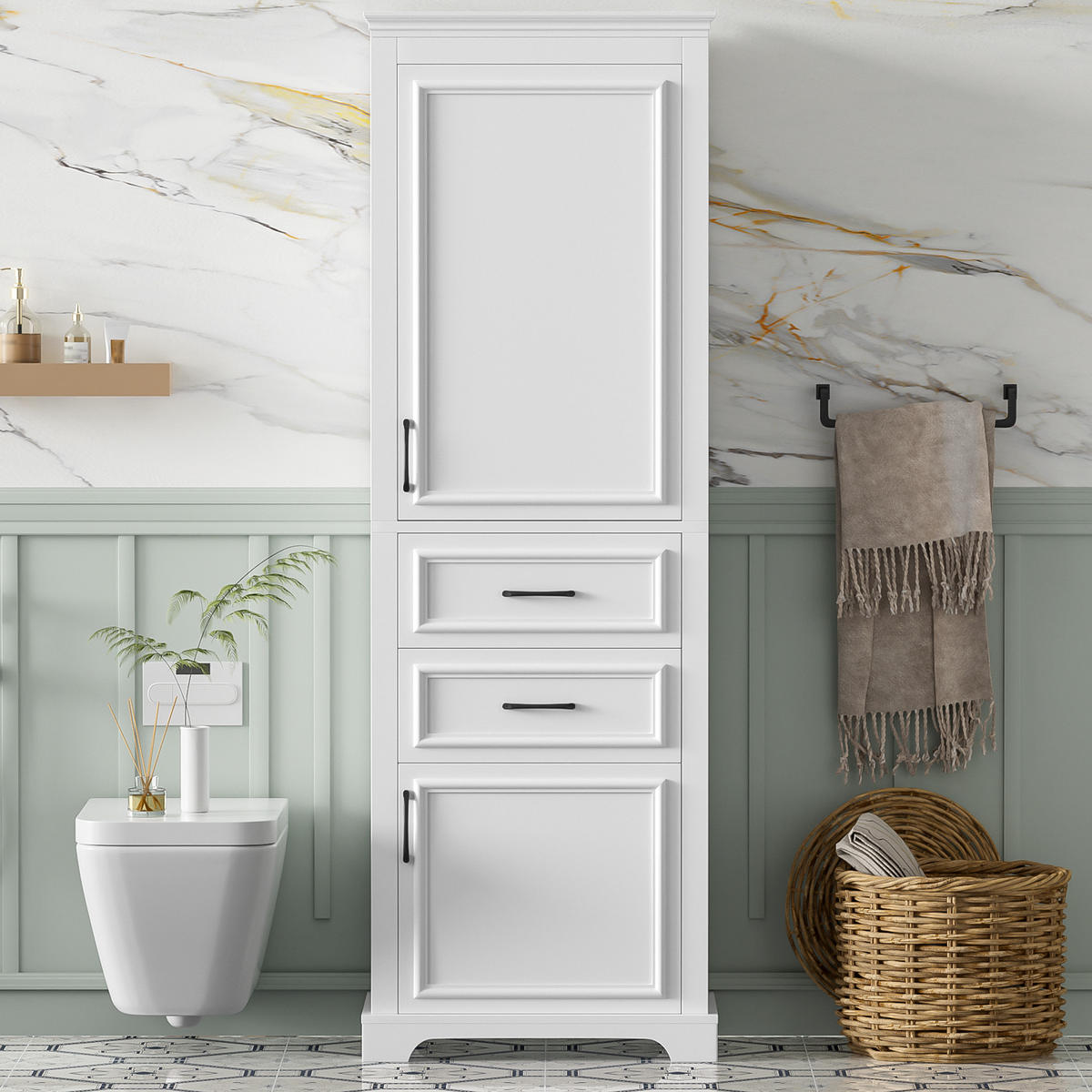 HOCHSCHRANK 60/39.9/180.3 cm Weiß mit 2 Schubladen und 2 Schränken - Schwarz/Weiß, Holz/Holzwerkstoff (40/180/60cm) - Oxeza