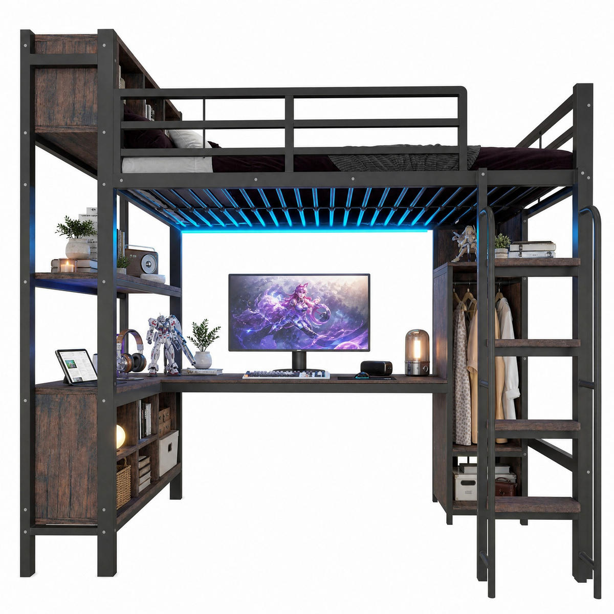 HOCHBETT 90/200 cm in Schwarz mit Schreibtisch, Schrank, Ablagefächern, LED und Steckdosen - Schwarz, Holzwerkstoff/Metall (90/200cm) - CHICFURN
