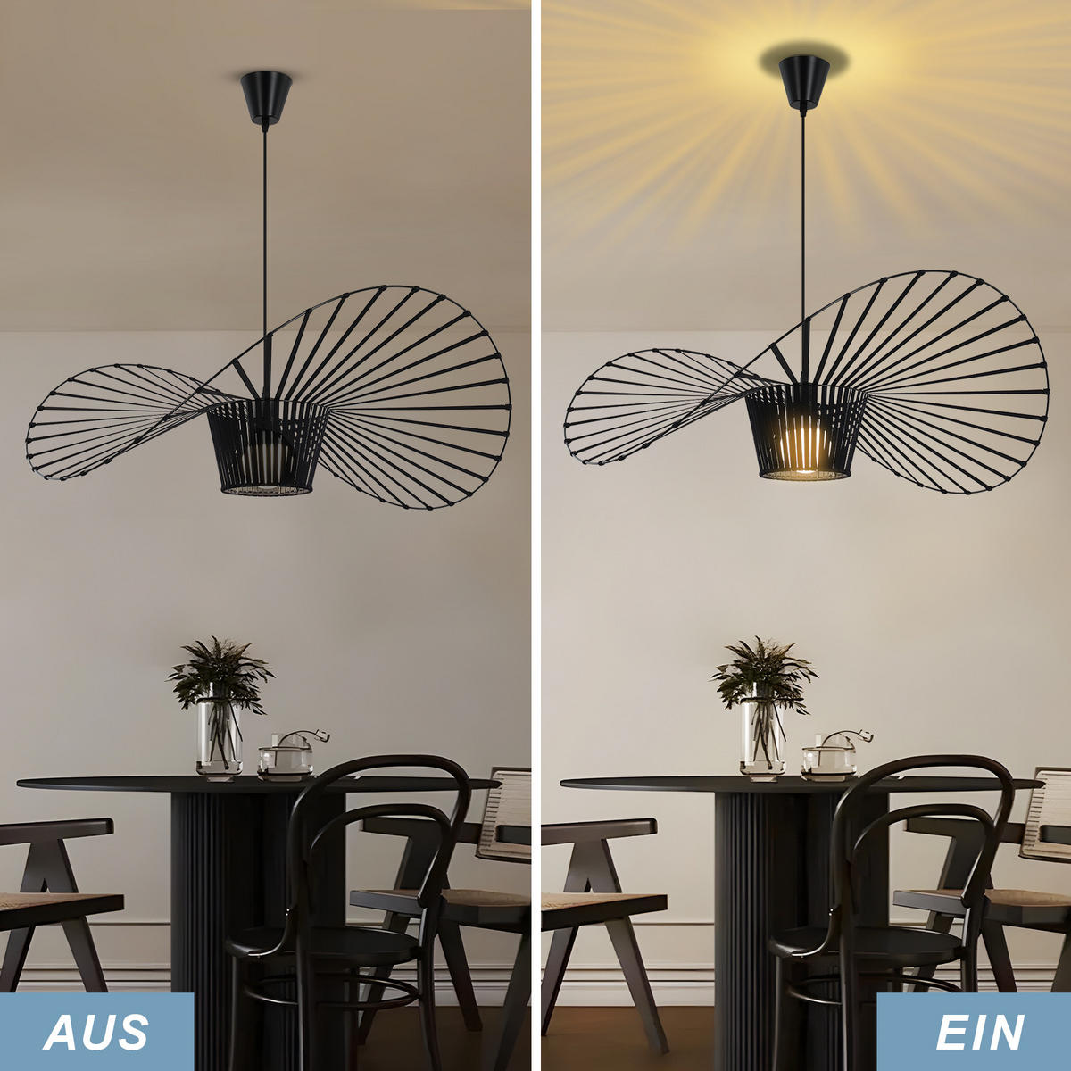 HÄNGELEUCHTE Strohhut 60/60/150 cm - Schwarz, Metall (60/60/150cm) - Nettlife