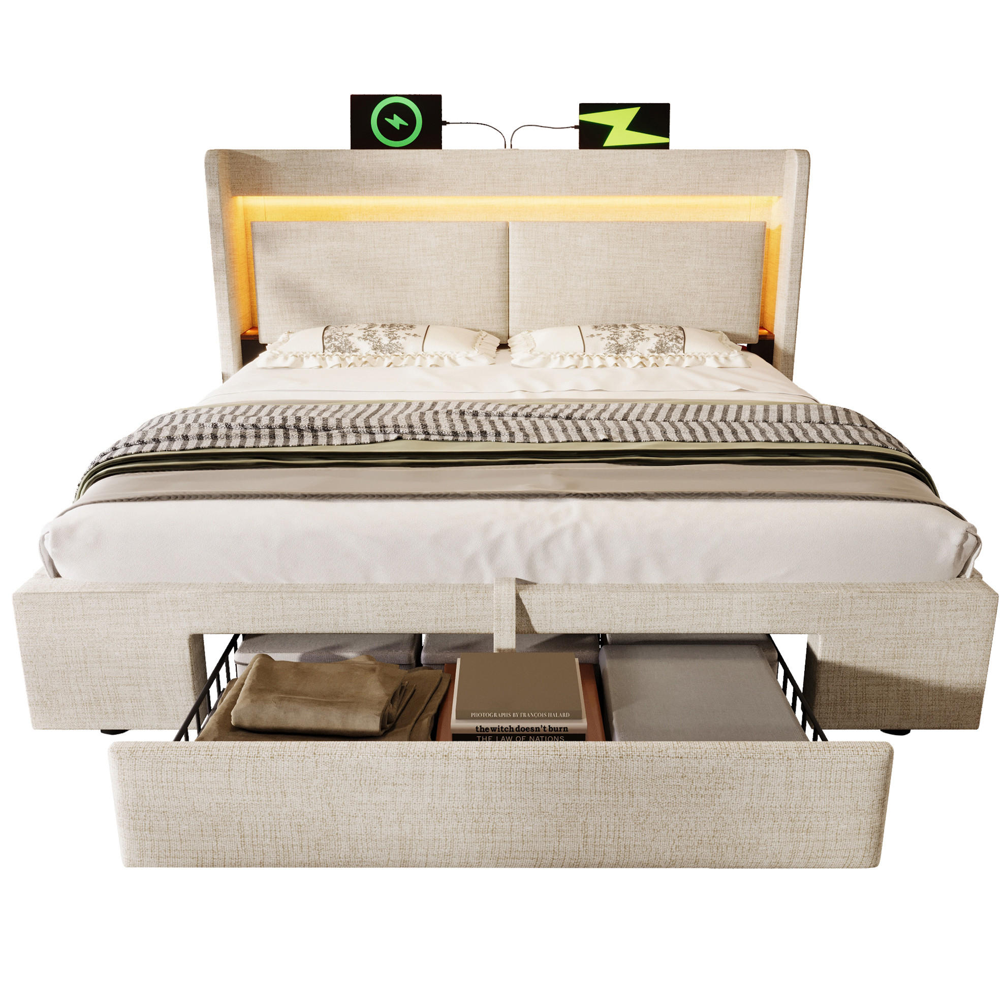 POLSTERBETT mit Bettkasten 140/200 cm mit LED-Beleuchtung und USB-Anschluss - Beige, Textil (140/200cm) - BEAOK