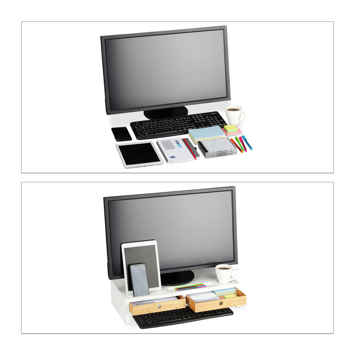 MONITORSTÄNDER Weiß Natur 2-Schubladen - Multicolor, Holz/Holzwerkstoff (27/55.5/12cm) - Relaxdays