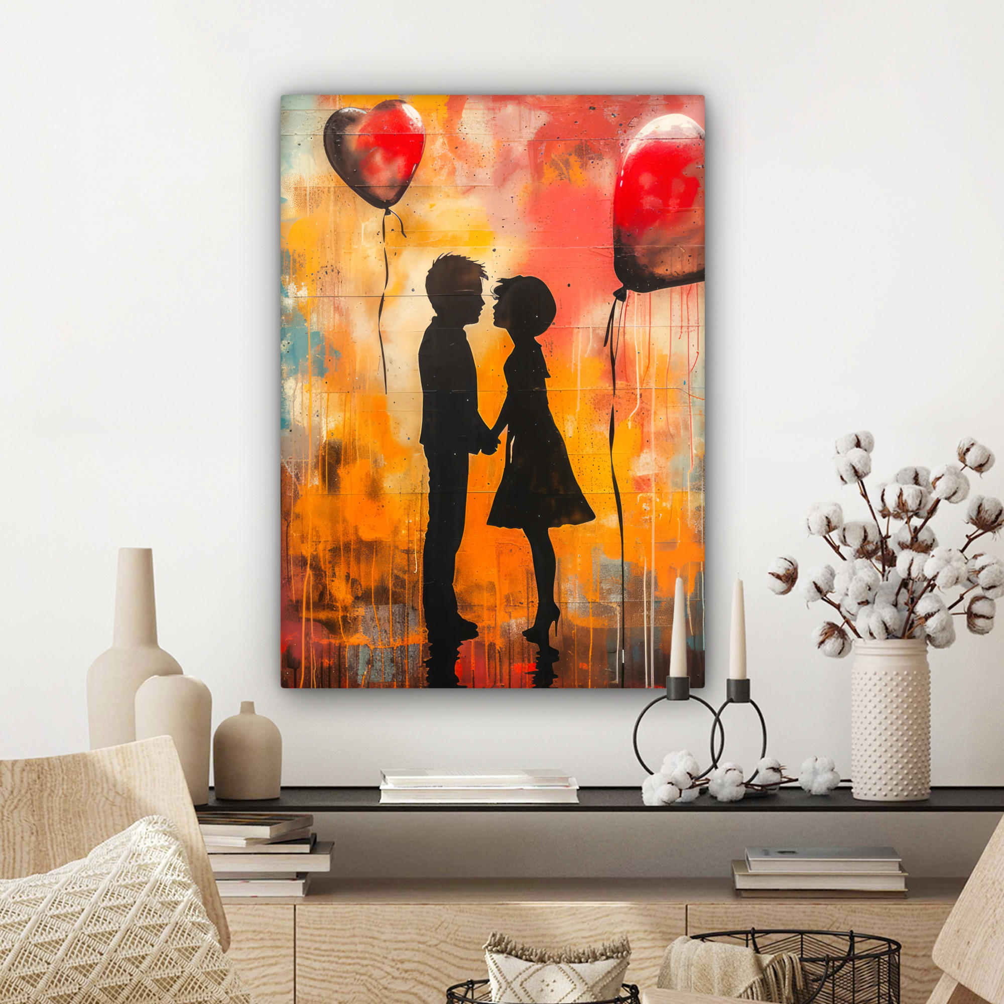 LEINWANDBILD Straßenkunst - Liebe - Graffiti - Kunst - Banksy 60x80 cm - Orange, Textil (60/80cm) - MuchoWow