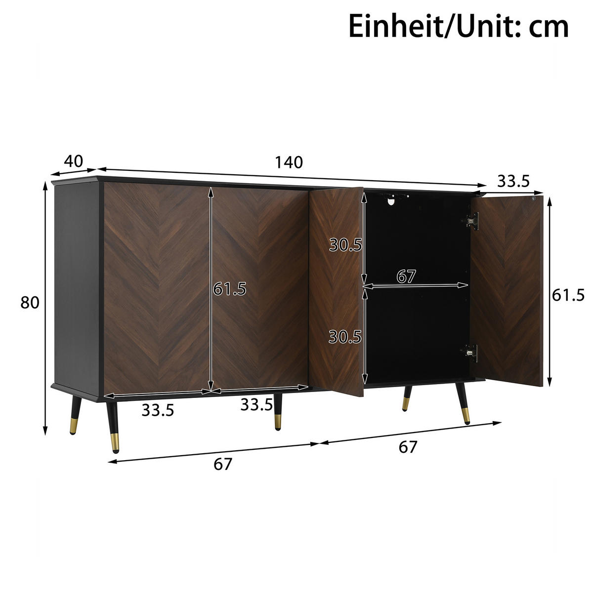 SIDEBOARD 140/40/80 cm in Schwarz/Braun mit 4 Türen und verstellbaren Regalen - Schwarz, Holzwerkstoff (140/80/40cm) - Flora Grace