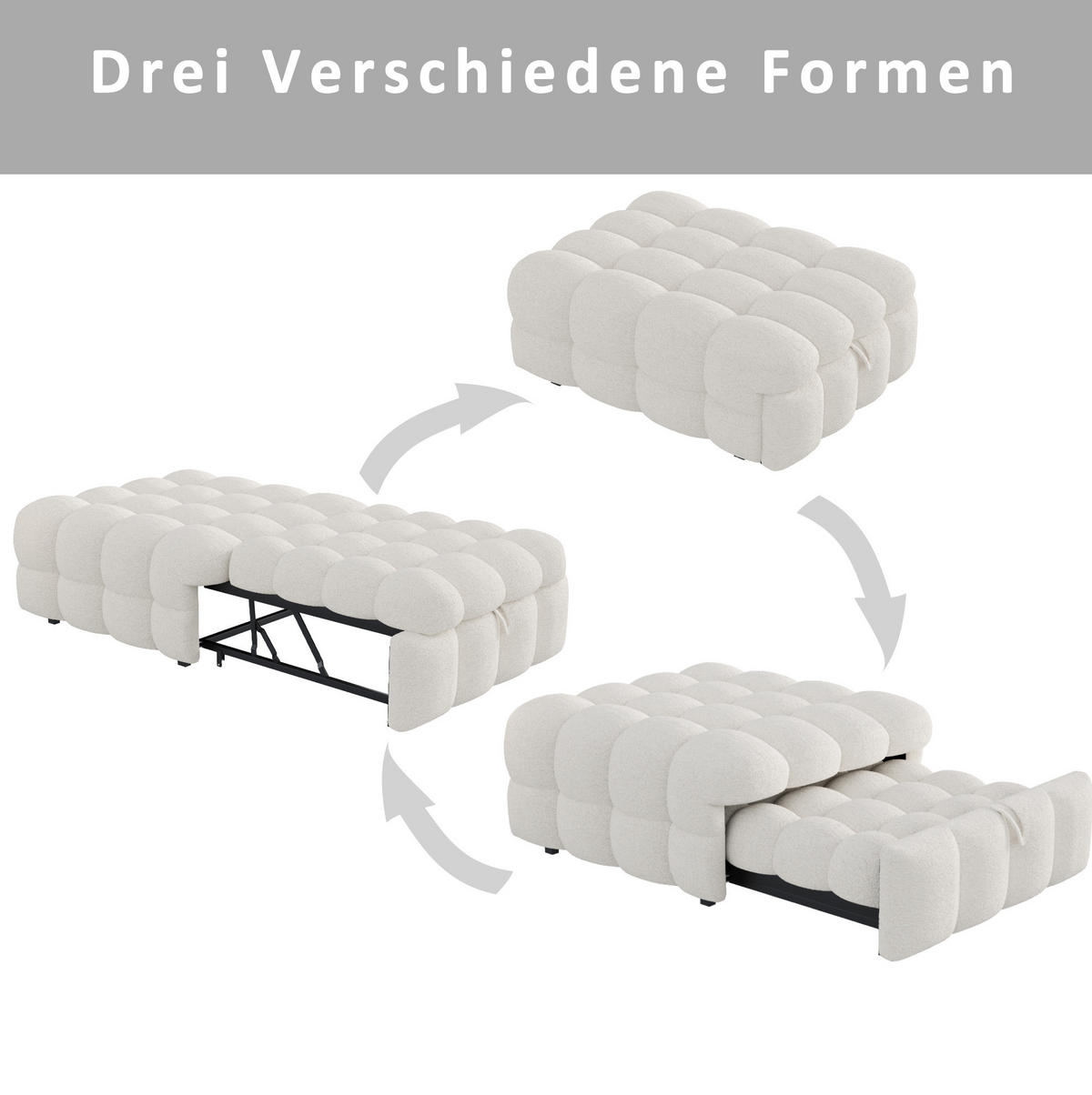 SCHLAFSOFA 183/76/42 cm Beige 2-in-1 Schlafsofa aus Teddy-Stoff mit Fußhocker - Creme, Textil (76/42/183cm) - OKWISH