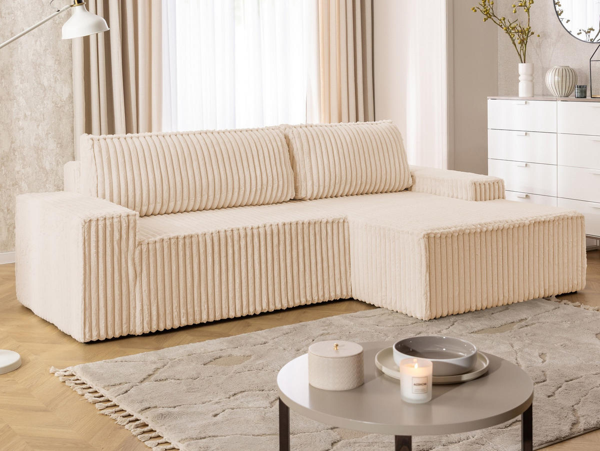 ECKSOFA Rivio mit Schlaffunktion und Bettkasten, Plüschcord Hellbeige - Beige/Schwarz, Holz/Kunststoff (262/149cm) - S-Style