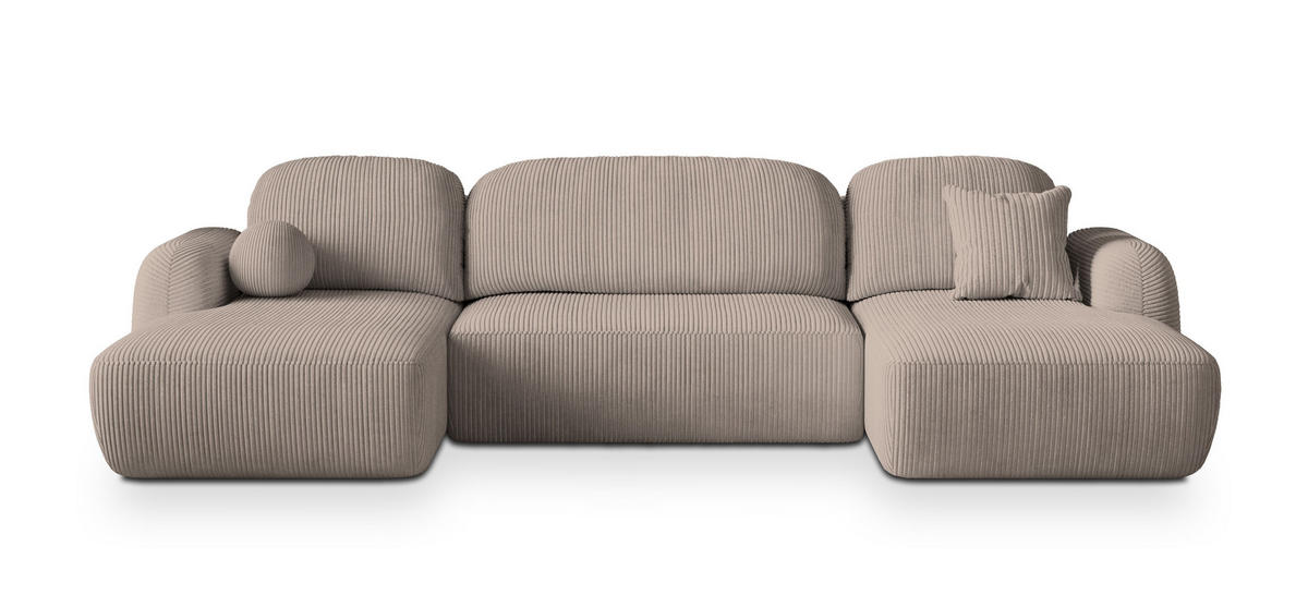 WOHNLANDSCHAFT SAVONA P Beige Kordstoff mit Schlaffunktion - Beige, Holz (320/90/148cm) - MASSENO