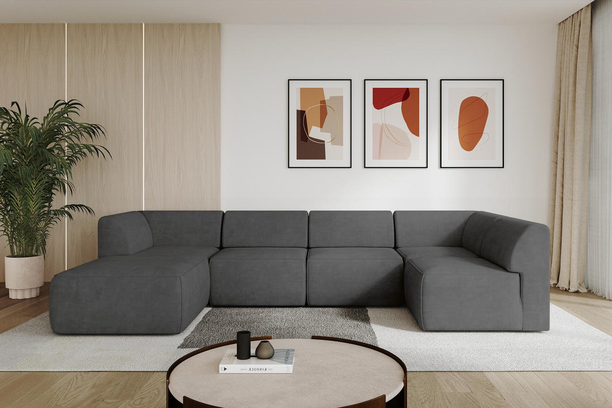 WOHNLANDSCHAFT Ottomane Links MOVA 345x180x78 Dunkelgrau Samt - Dunkelgrau/Anthrazit, Holzwerkstoff/Kunststoff (180/78/345cm) - ALTDECOR