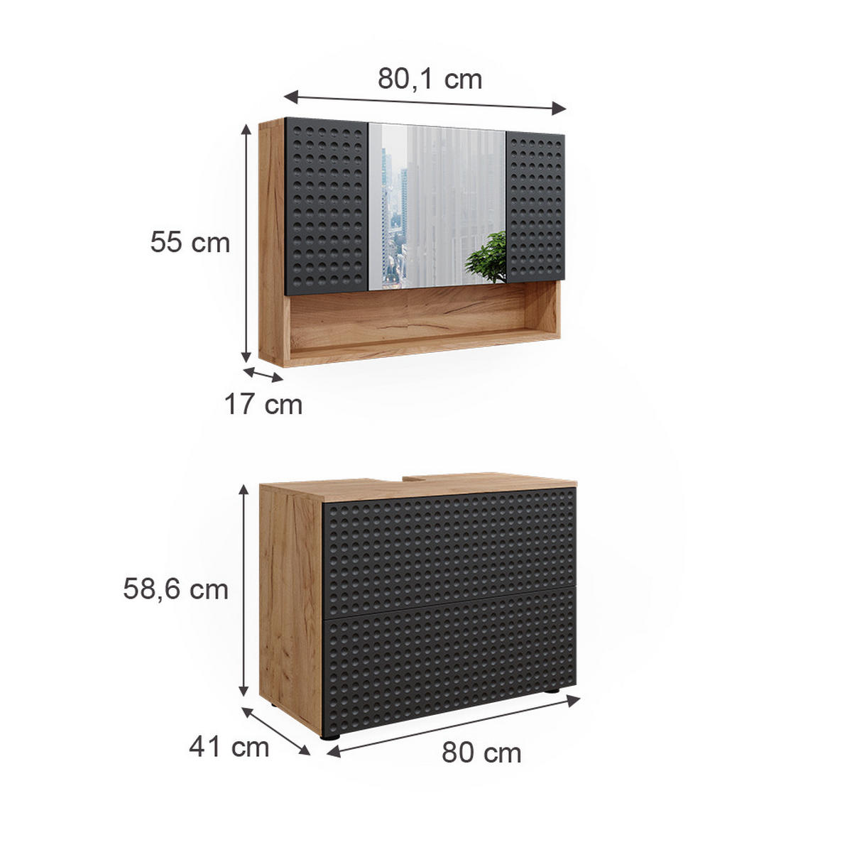 BADMÖBEL-SET Irma Anthrazit gepunktet 2 Teile, Unterschrank 80 cm - Honigeiche/Anthrazit, Holzwerkstoff (80/58.6/41cm) - Vicco