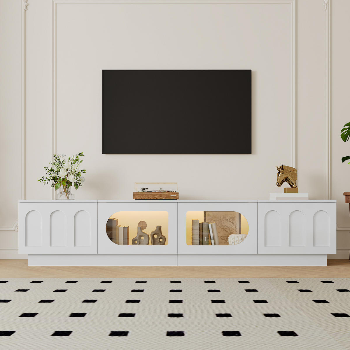 TV-LOWBOARD mit LED, APP-Steuerung, Glastür und Bogentür - Weiß, Holzwerkstoff (200/42/40cm) - FLIEKS