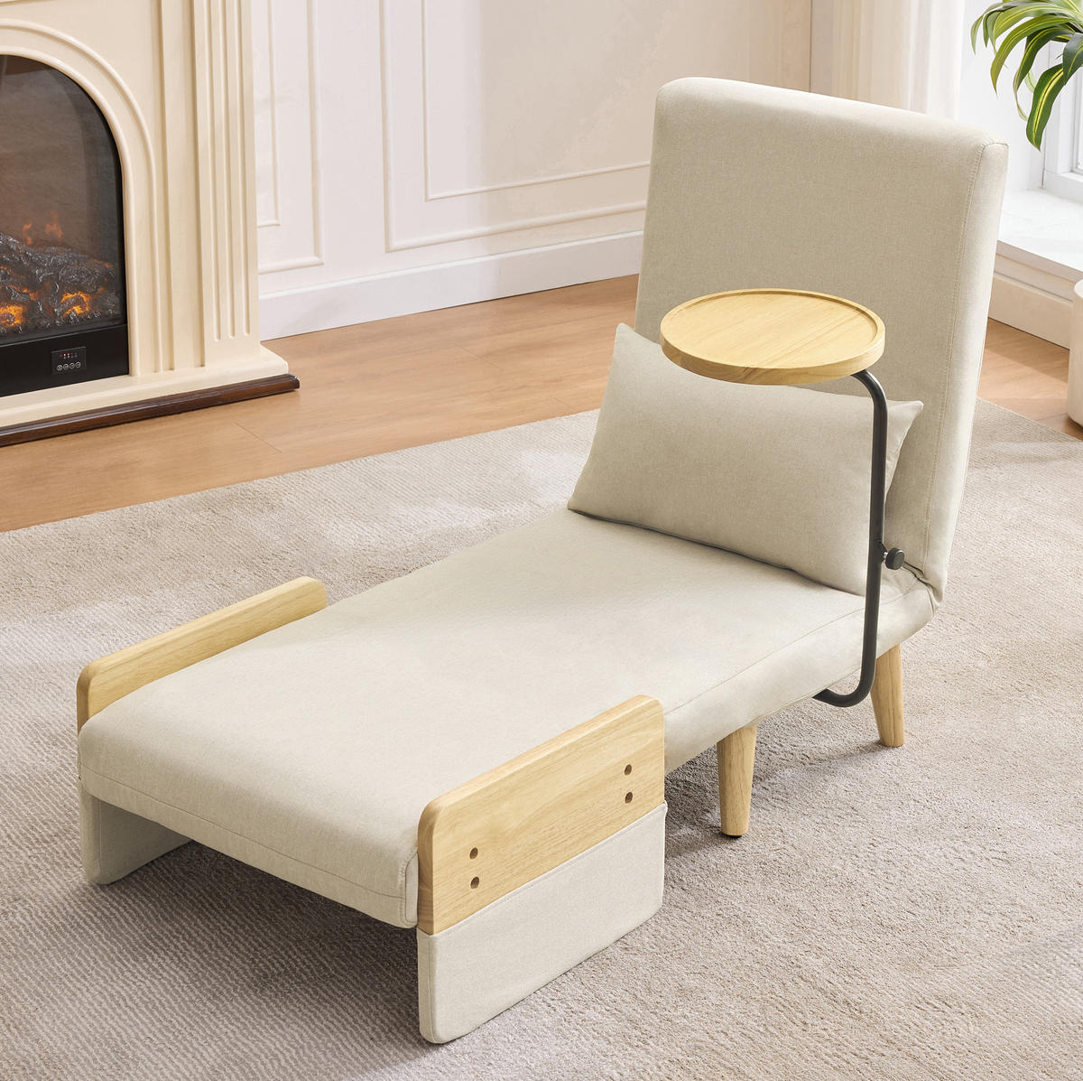 SESSEL 88/74,5/66 cm in Beige mit Schlaffunktion und Holztablett - Beige, Textil (88/74.5/66cm) - Flora Grace