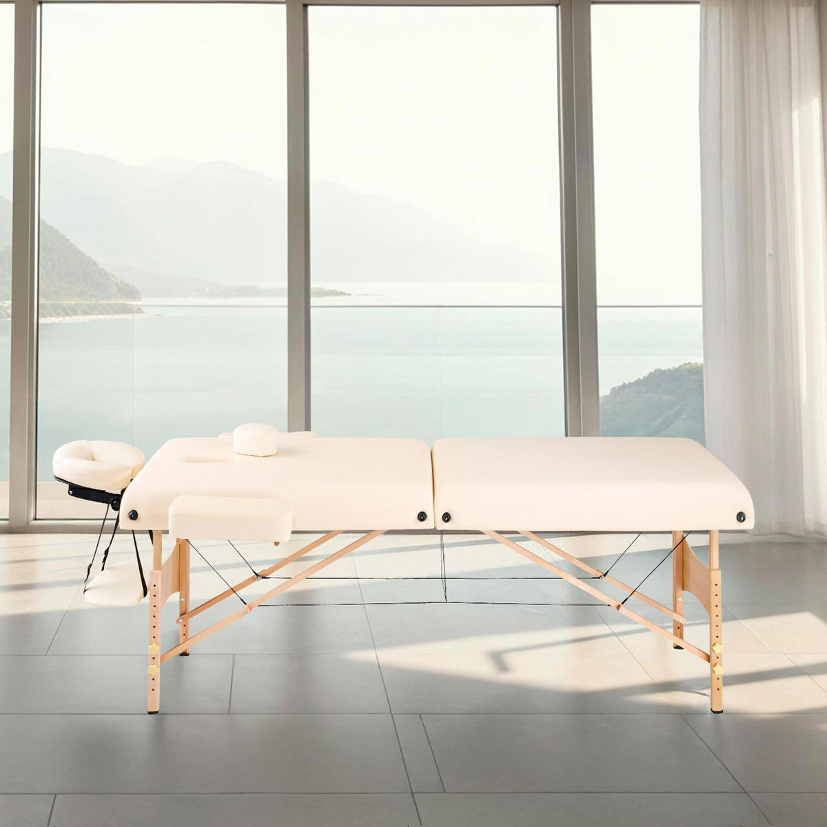 MASSAGELIEGE 2 Zonen, 220 x 83 x 87,5 cm,beige - Beige, Holz (59/65.5/187cm) - tectake