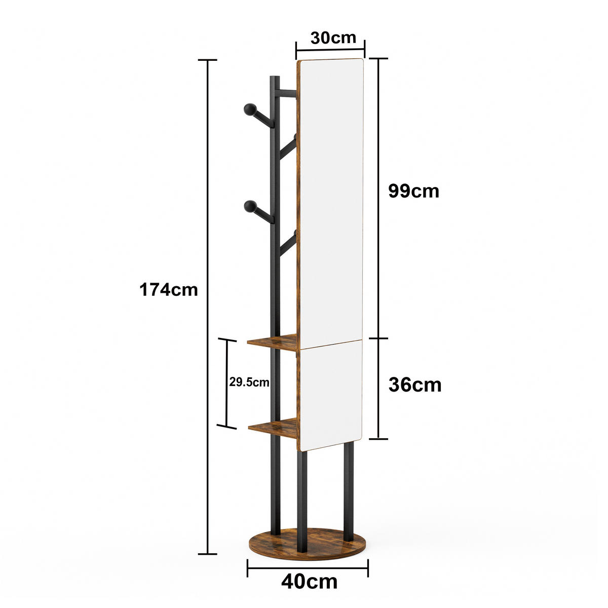 STANDGARDEROBE mit Spiegel 40/40/174 cm in Schwarz/Braun, drehbar - Schwarz, Holzwerkstoff (40/174/40cm) - BEAOK