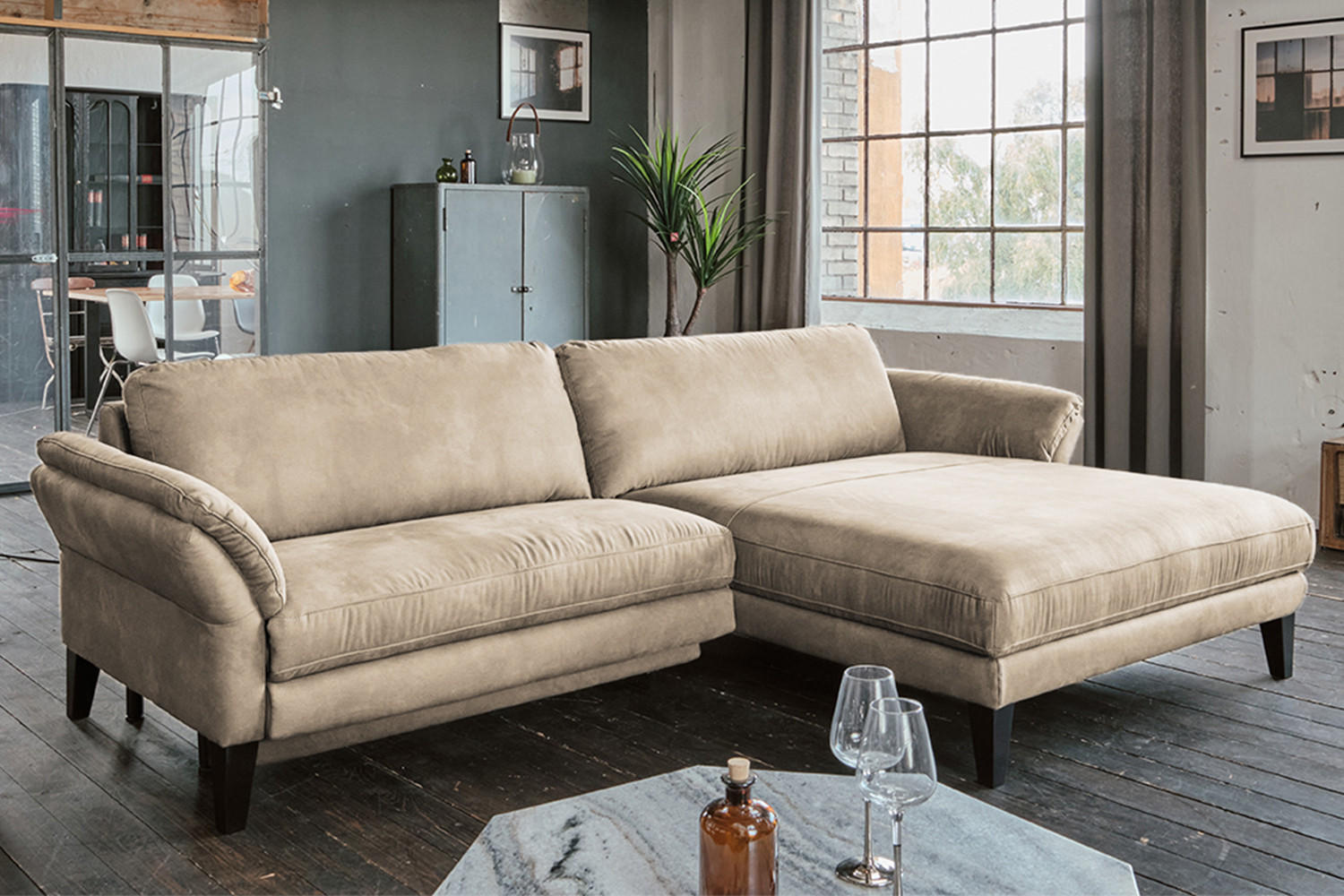 ECKSOFA MALTA Beige Webstoff - Beige/Schwarz, Buchenholz/Textil (302/175cm) - KAWOLA