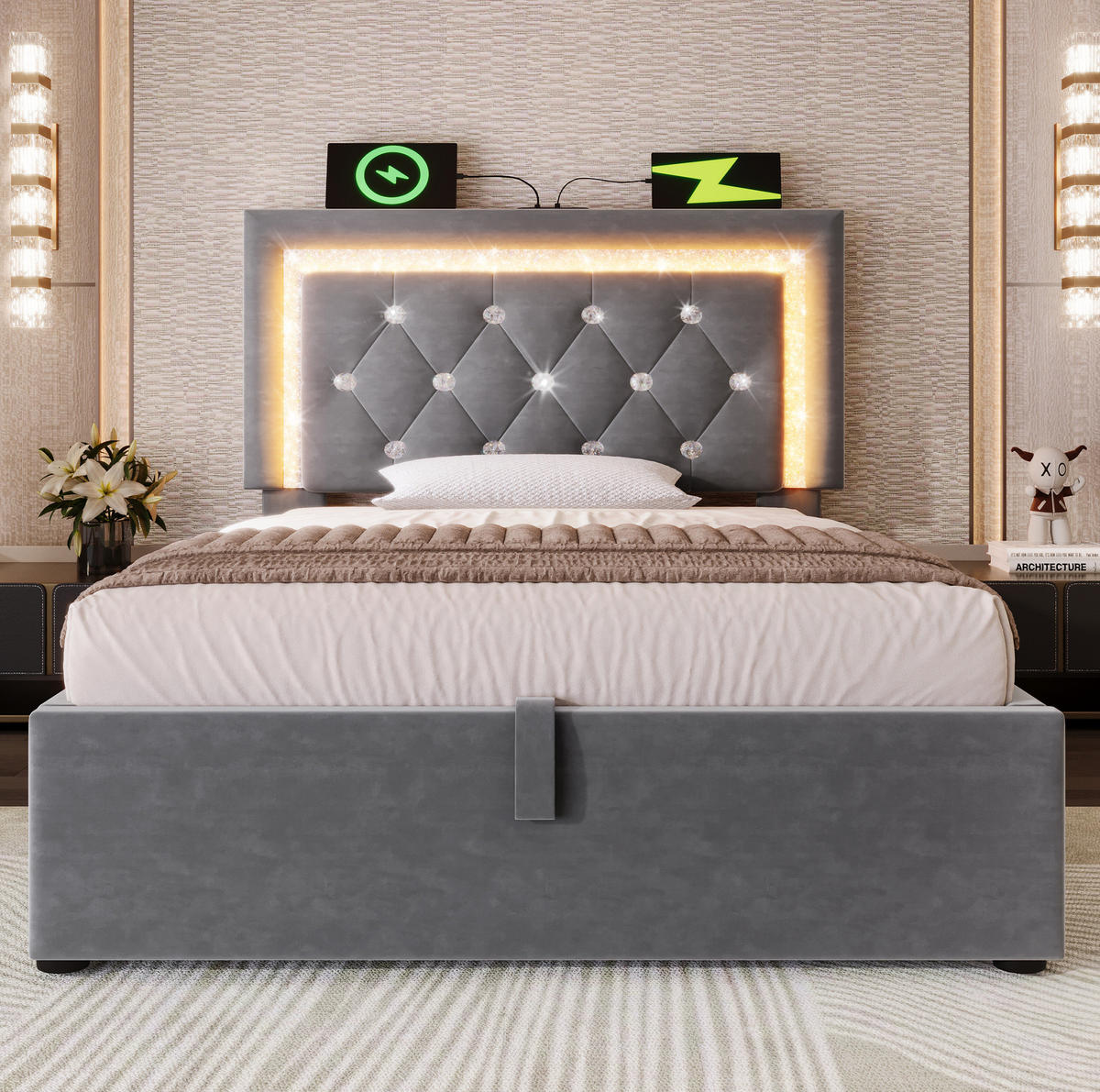 POLSTERBETT 90/200 cm Grau aus Samt mit LED-Beleuchtung und Stauraum - Grau, Textil (90/200cm) - Flora Grace
