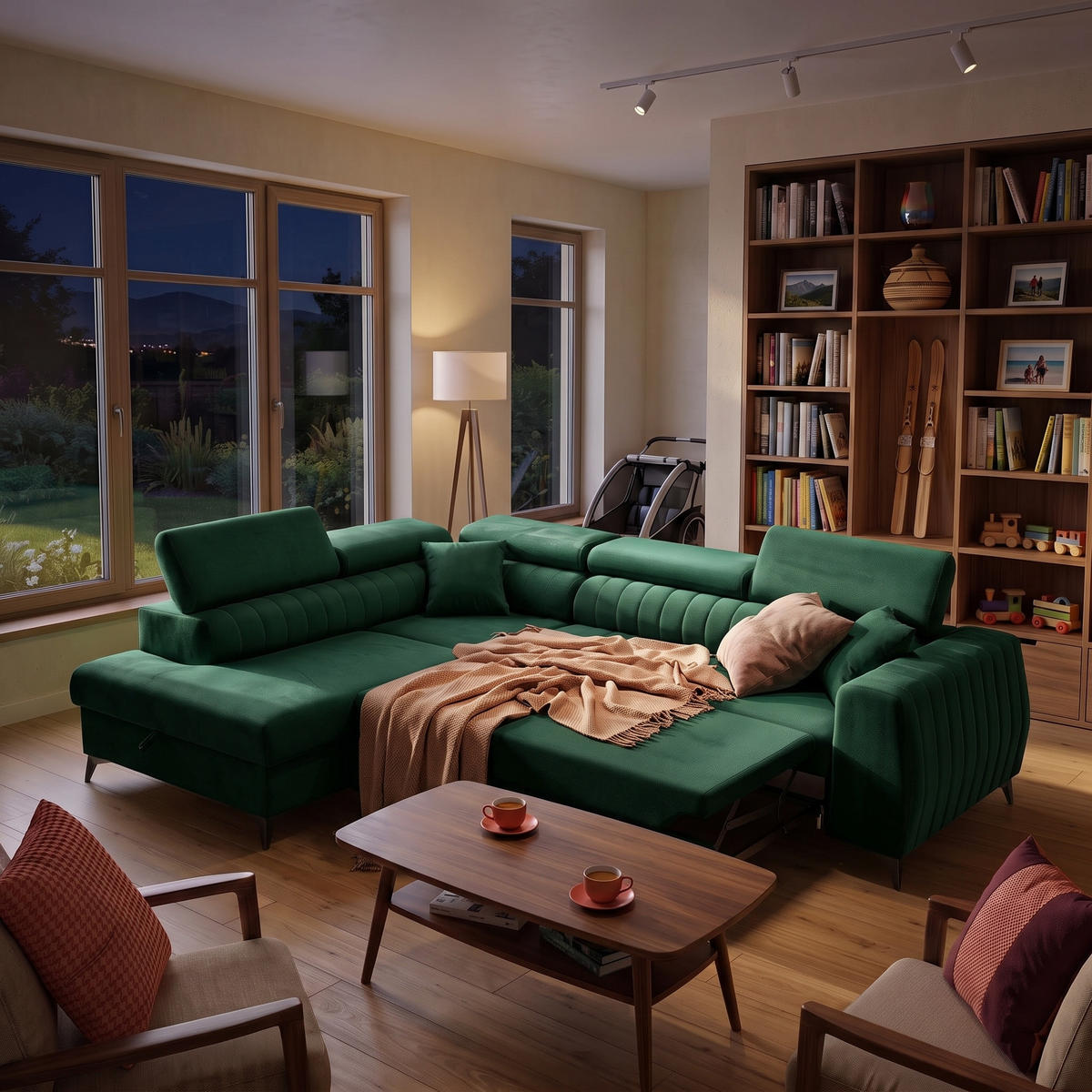 ECKSOFA PIERO L Links mit Schlaffunktion 195x125 Velours Dunkelgrün - Dunkelgrün/Schwarz, Holz/Textil (268/203cm) - Muffo