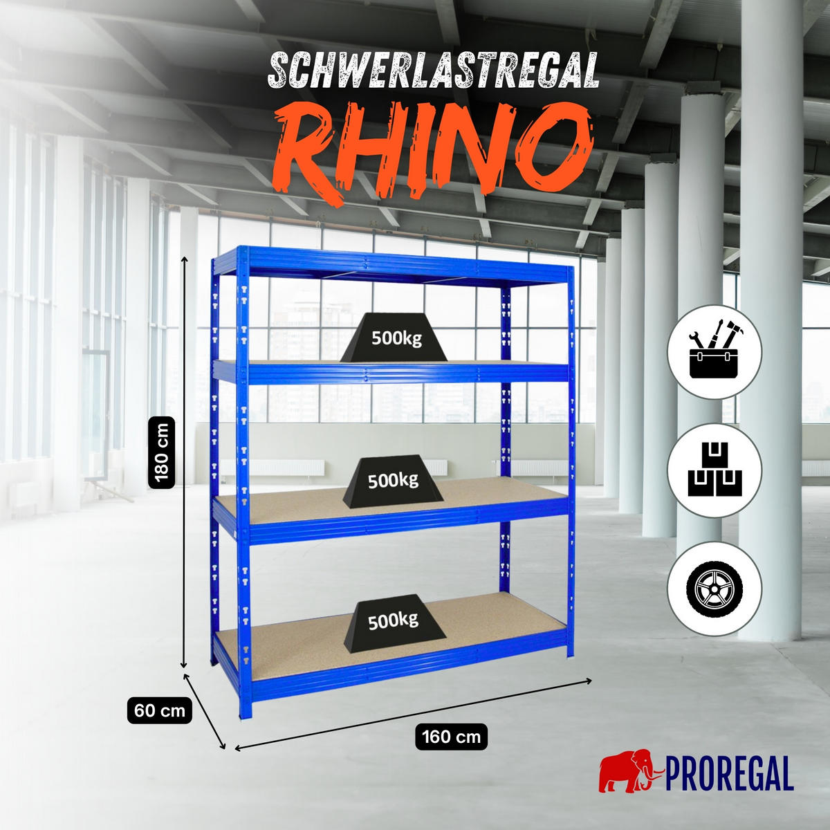 SCHWERLASTREGAL Rhino 180x160x60 cm 4 Spanplatten-Ebenen 8mm Fachlast 500 kg Blau - Blau, Metall (160/180/60cm) - PROREGAL