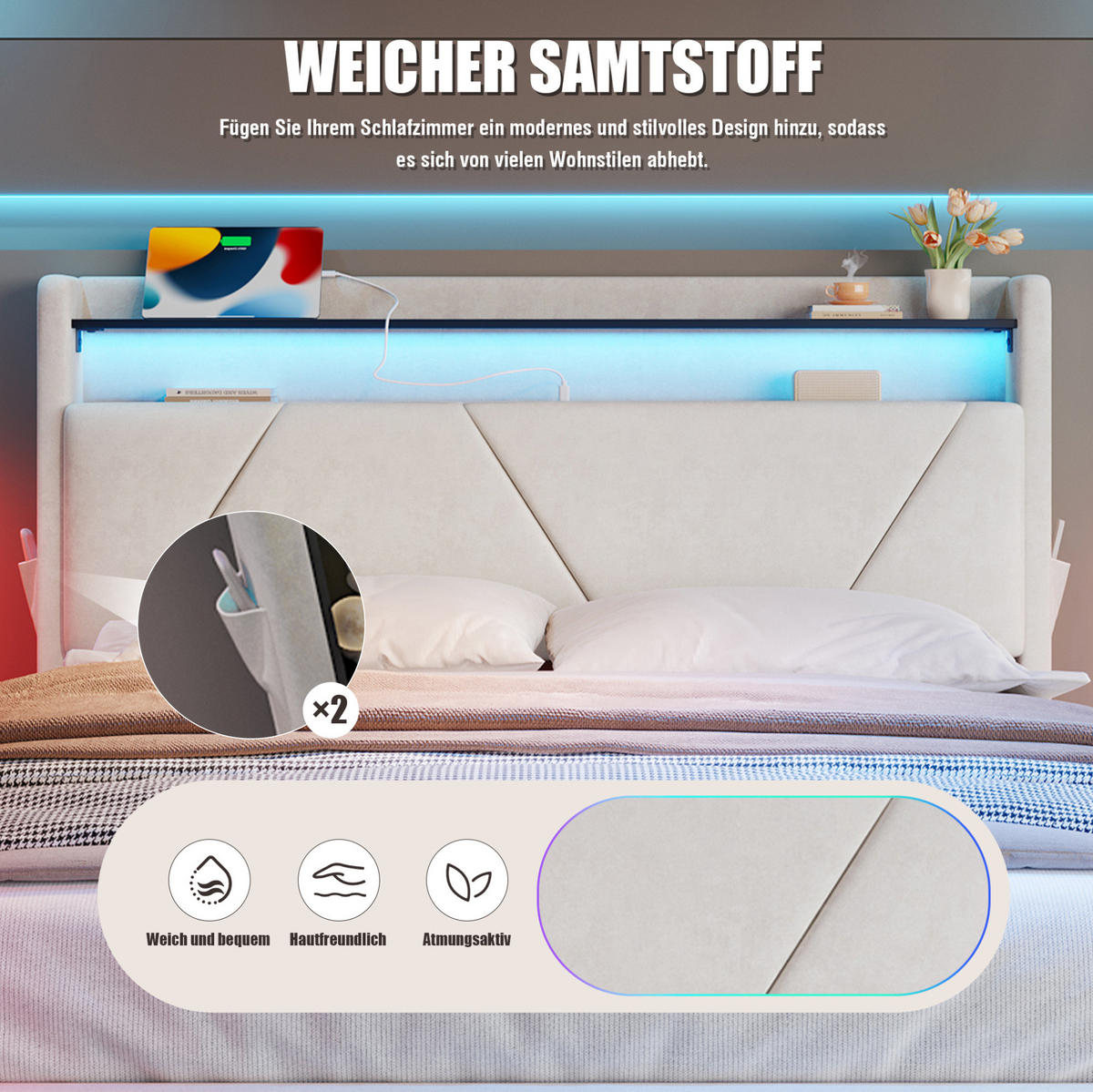 BETT mit Stauraum und LED 160x200 cm Samt Beige - Beige, Metall (160/200cm) - Meubliv