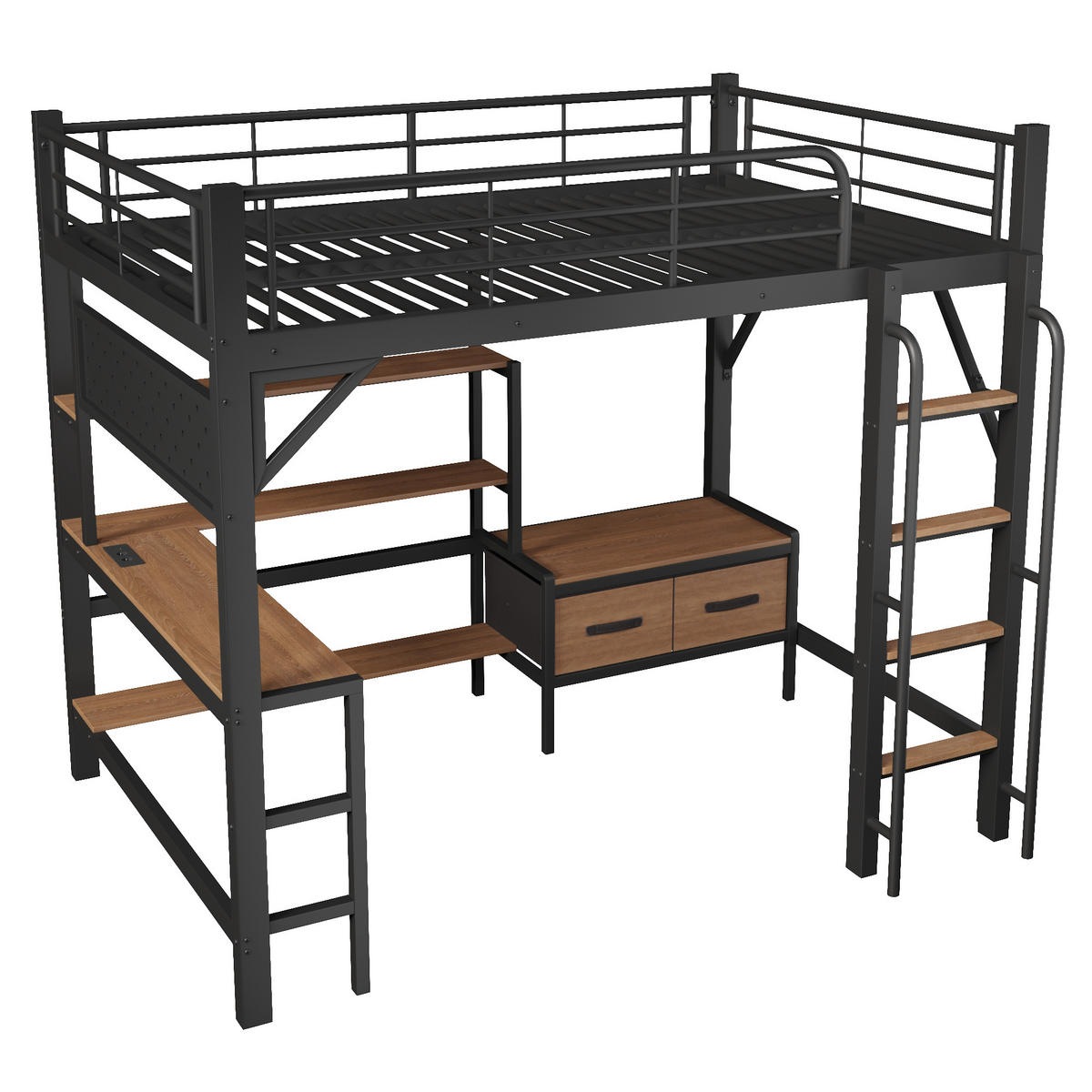 HOCHBETT 140/200 cm mit Eisenrahmen Schwarz, Schreibtisch, Lochwand und LED-Licht - Schwarz, Metall
