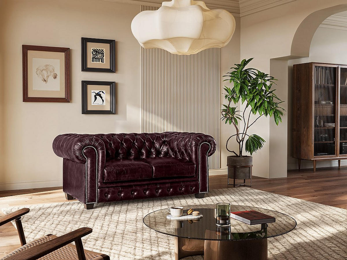 CHESTERFIELD Ledersofa 2-Sitzer - Büffelleder - Rotbraun - BRENTON - Bordeaux, Leder (96/73/160cm) - Vente-Unique