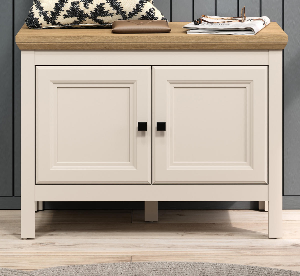 GARDEROBENBANK Kaschmir, Stein Eiche Landhaus 76 cm, Sitzbank mit Soft-Close - Kaschmir/Eichefarben, Holzwerkstoff/Kunststoff (76/57/41cm) - Top.Furn