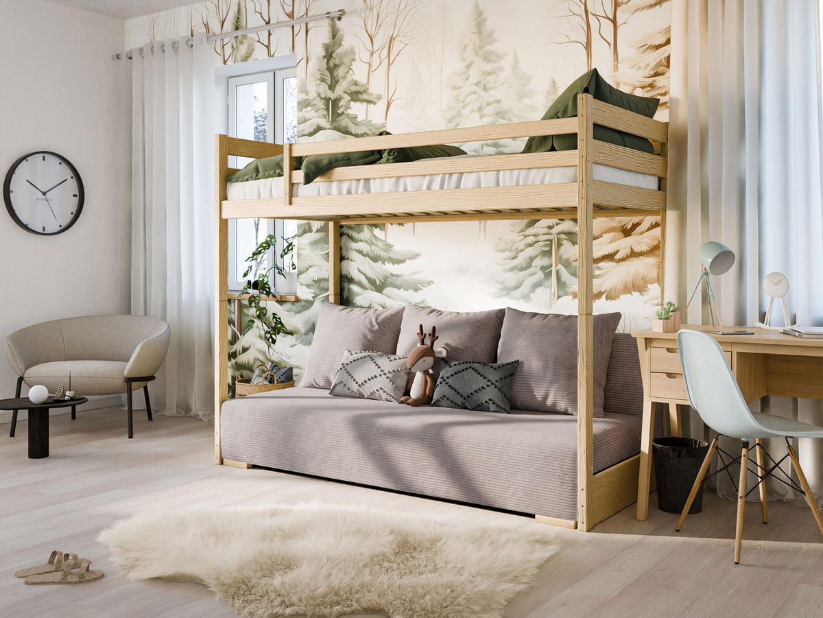 HOCHBETT mit Schlafsofa 200x140 cm in natur und graufarben - Naturfarben/Grau, Holz (140/200cm) - Kids Collective