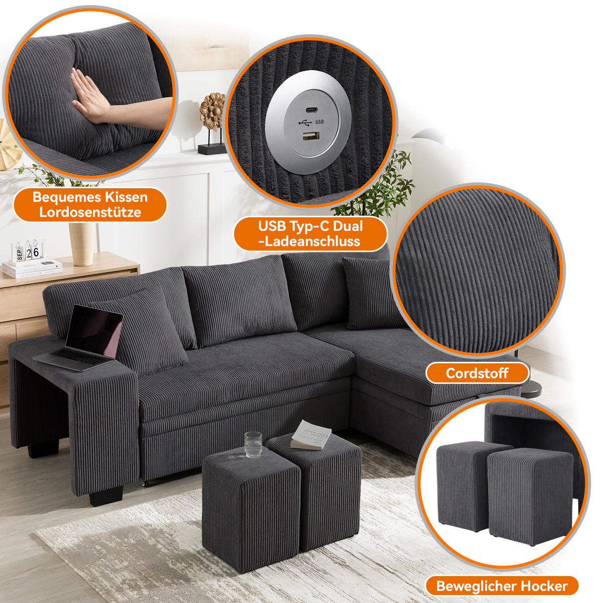ECKSCHLAFSOFA Ecksofa Cord mit USB-Anschluss Stauraum und Ablagen Grau 231/131,5/84 cm - Grau, Textil (84/131.5cm) - Redom