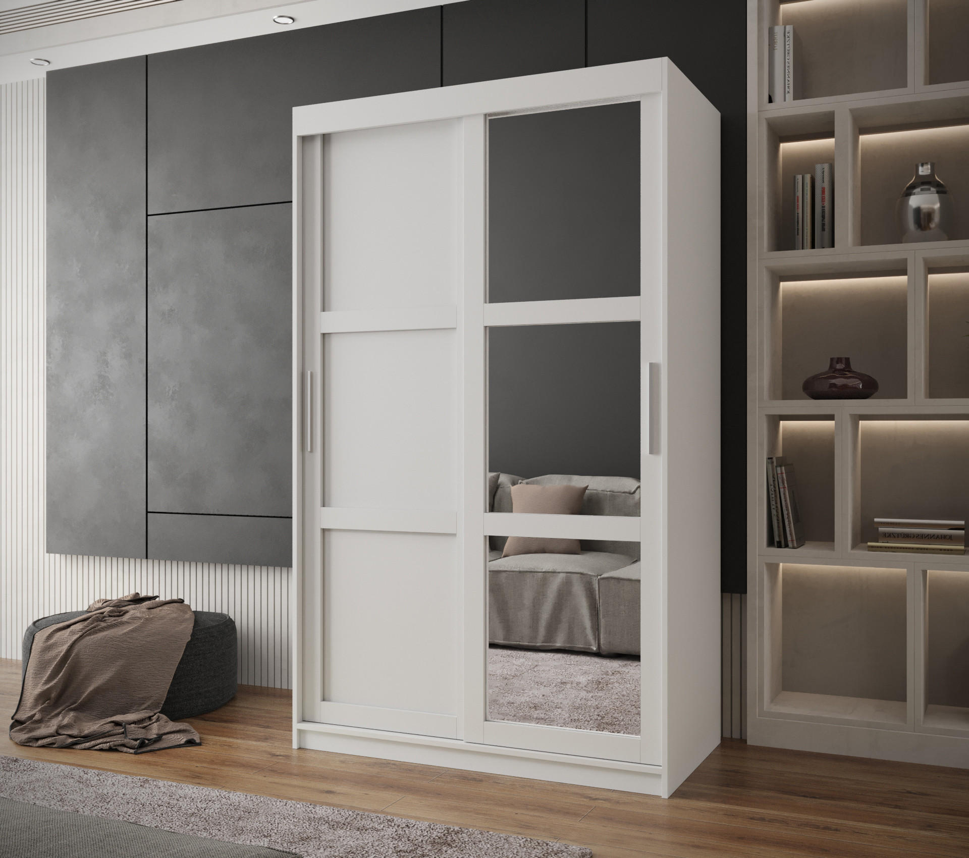 SCHWEBETÜRENSCHRANK 200/120/62 2-türig - Silberfarben/Weiß, Holz/Kunststoff (120/200/62cm) - MÖBEL KRYSPOL
