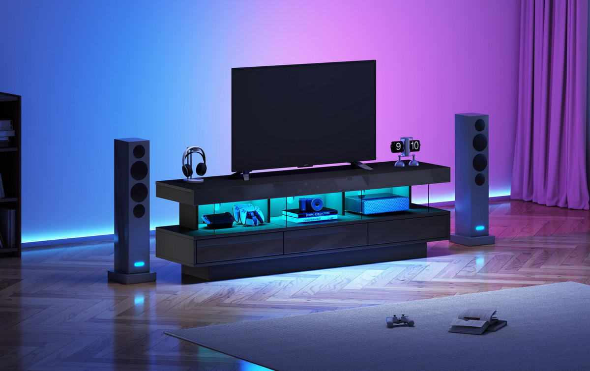 TV-SCHRANK in Schwarz Hochglanz mit 3 Glasablagen und LED 160/38/50.5 cm - Schwarz, Holzwerkstoff (160/50.5/38cm) - Redom