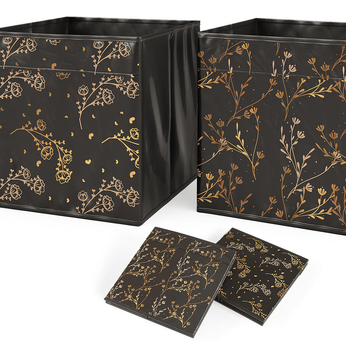 FALTBOX Schwarz/Gold (Floral) 30 x 30 cm 2er Set Option2 - Gelb/Schwarz, Wellpappe (30/30/30cm) - Vicco