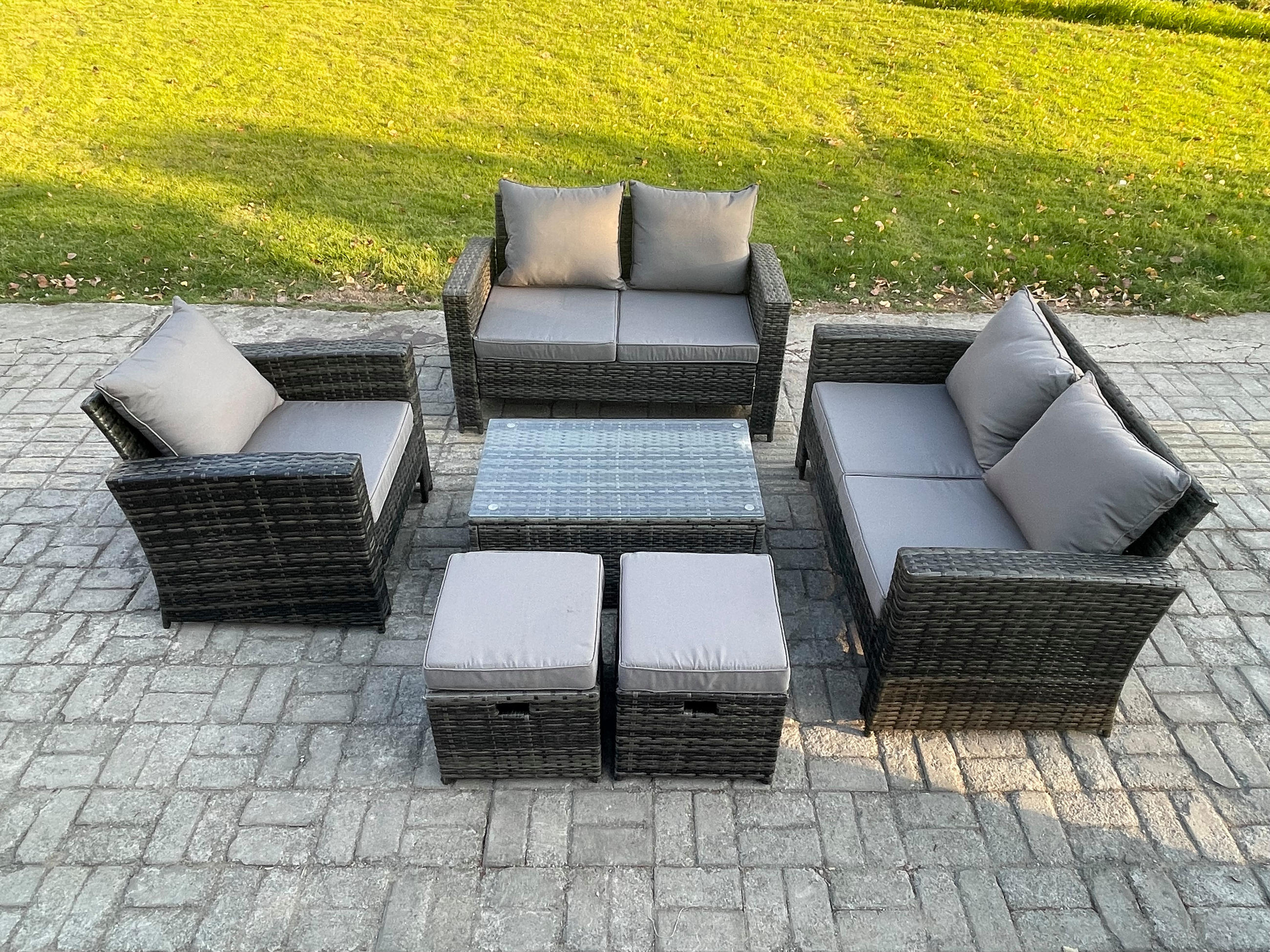 GARTENSOFA Hohe Rückenlehne Polyrattan Dunkelgrau 7-Sitzer - Dunkelgrau, Metall - Fimous