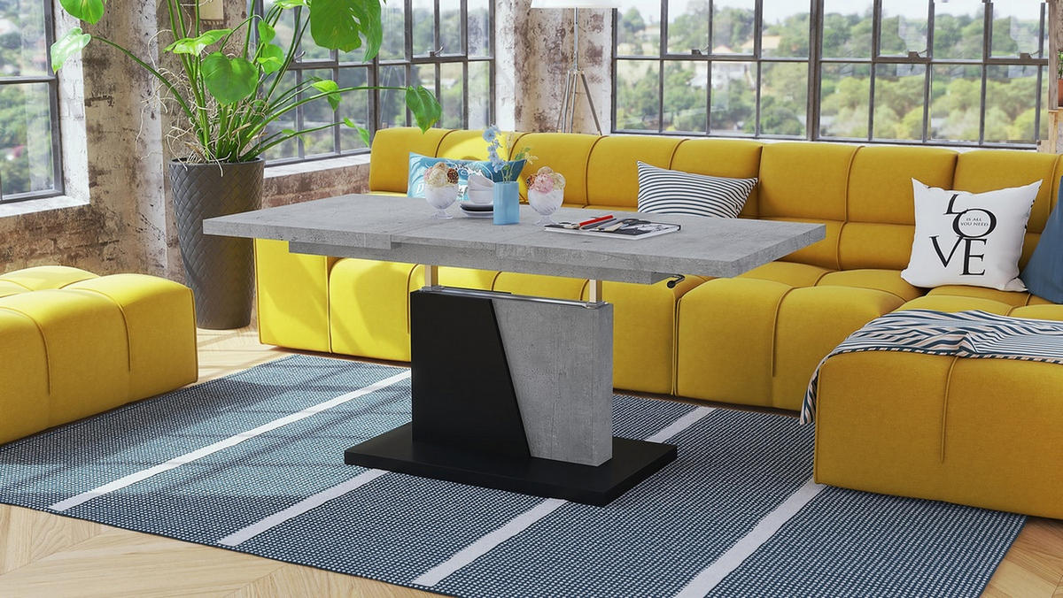 COUCHTISCH rechteckig Beton - Schwarz ausziehbar höhenverstellbar - Hellgrau/Schwarz, Holzwerkstoff (70/120/60cm) - designimpex