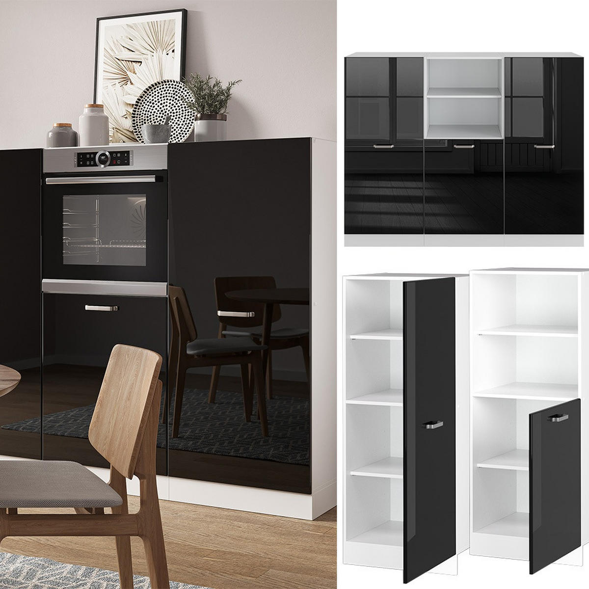 BLOC DE BUCĂTĂRIE R-Line Negru lucios/alb 180 cm fara blat - alb/negru cu luciu intens, compozit lemnos (180/143/46cm) - Vicco