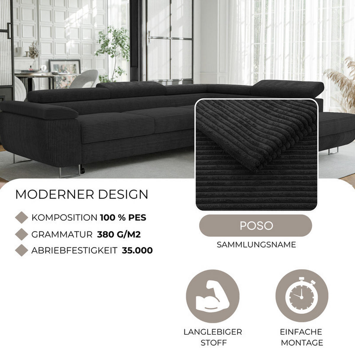 ECKSOFA ANTON mit Schlaffunktion und Bettkasten Anthrazit - Anthrazit, Holzwerkstoff/Kunststoff (274/203cm) - Idohome