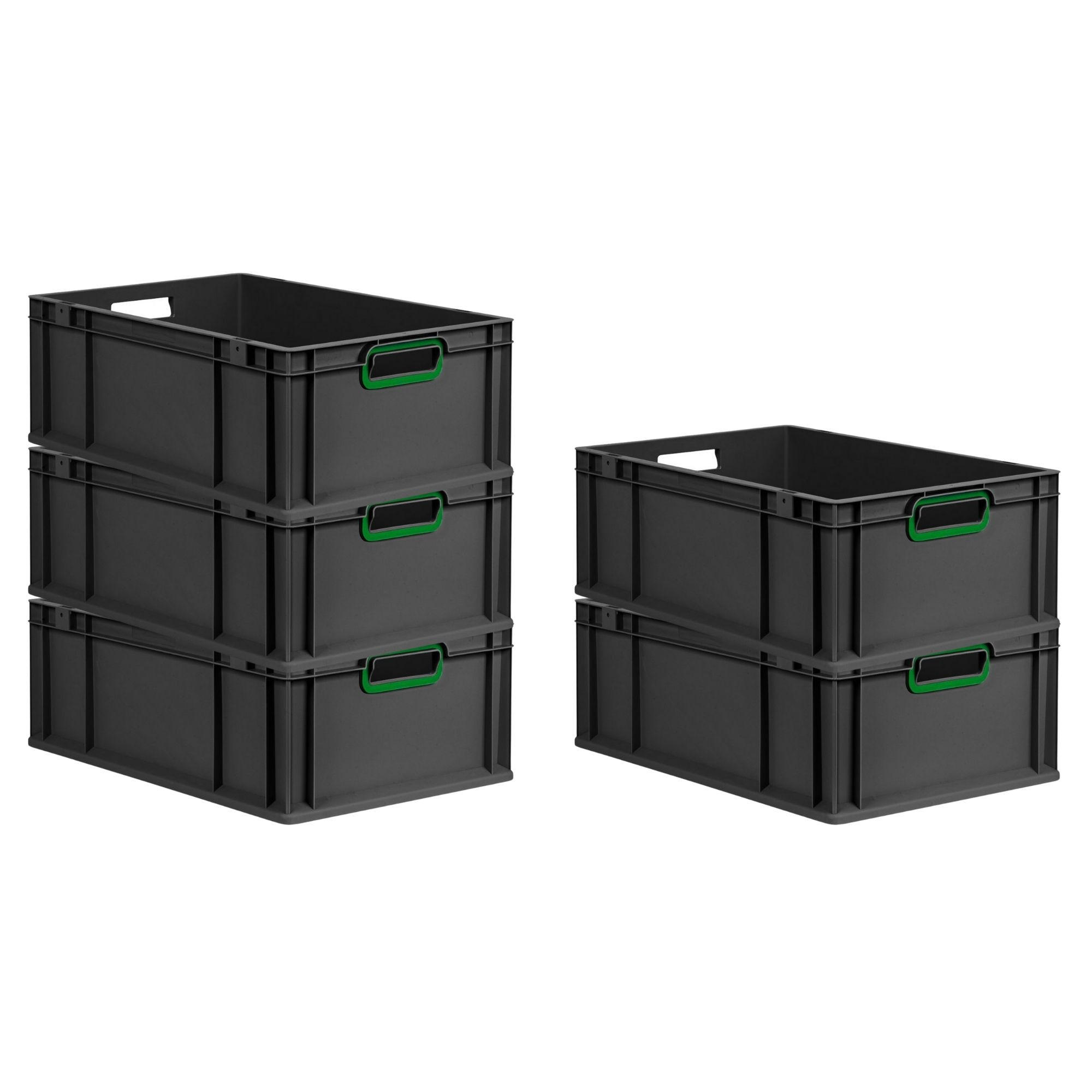 EUROBOX 5x NextGen Color 22x40x60 cm 44 Liter Griffe grün offen, Schwarz - Schwarz/Grün, Kunststoff (40/22/60cm) - PROREGAL