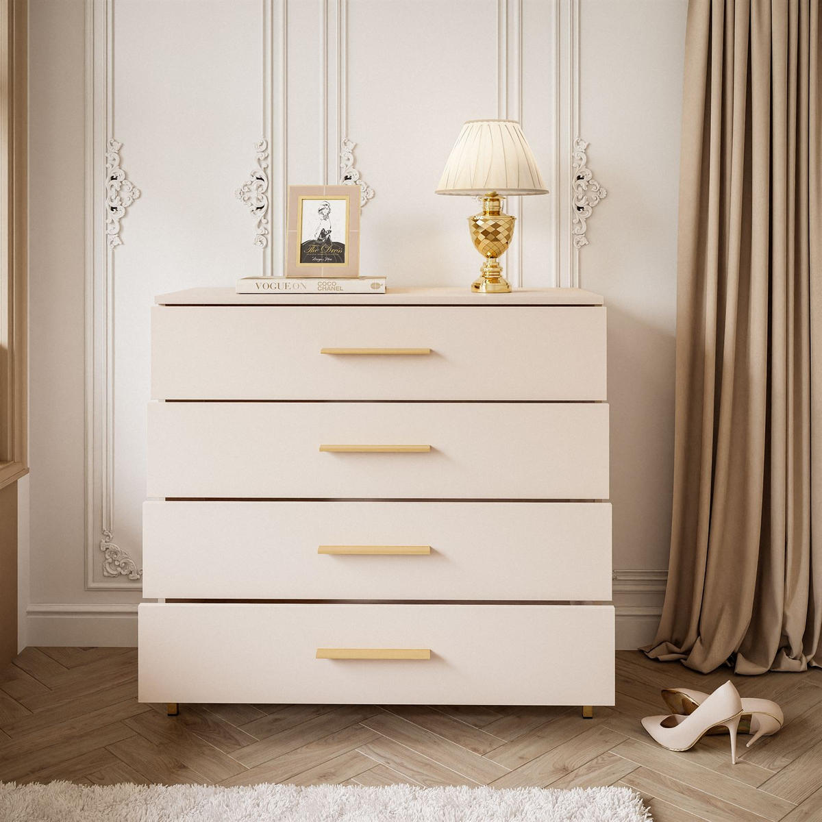 KOMMODE LINA KASCHMIR 4S mit Schubladen und LED-Beleuchtung Goldene Beine und Griffe - Kaschmir/Goldfarben, Holzwerkstoff (95/86/40cm) - Lookway