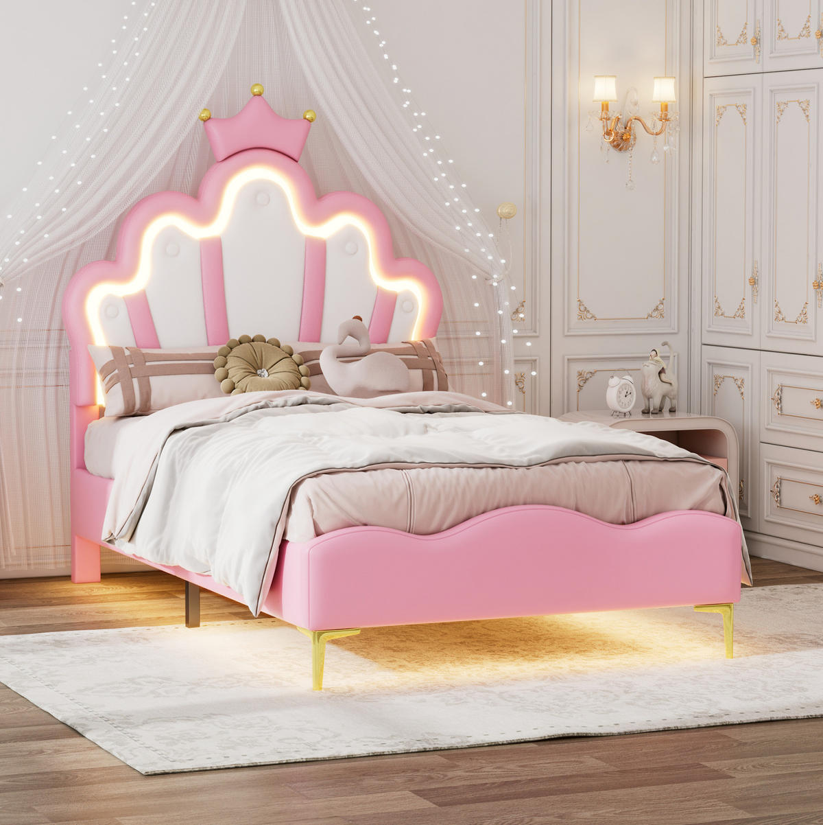 KINDERBETT Polsterbett 90/200 cm aus PU-Kunstleder mit LED-Beleuchtung und Kronenkopfteil Rosa - Rosa, Kunststoff (90/200cm) - Modenvie