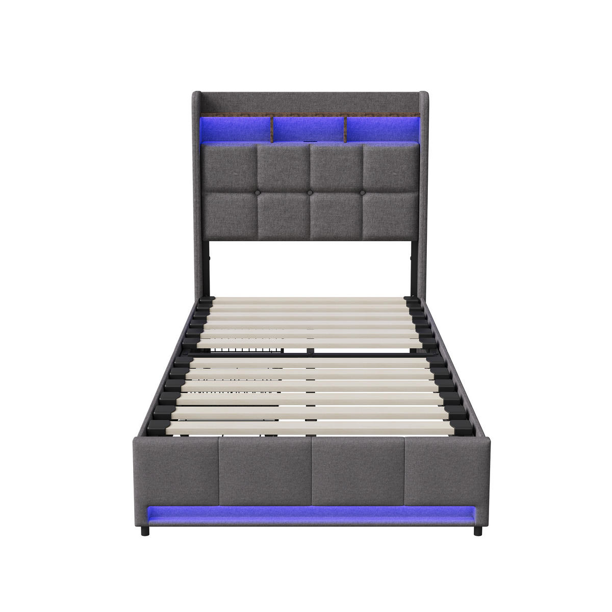 POLSTERBETT 90x200 cm LED USB Schubladen Leinen grau - Grau, Holz (90/200cm) - LEBENLANG