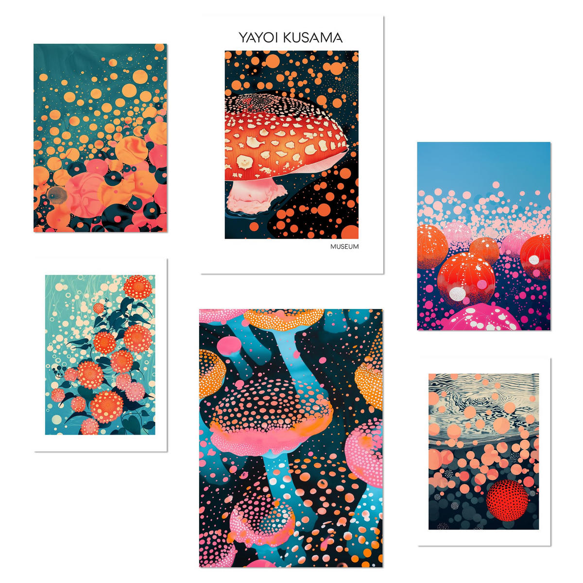 POSTER Set Mit 6 Yayoi Kusama Pilz Wasserblume Japanise A3 & A4 Rahmenlos - Klar, Papier (29/3cm) - Nacnic