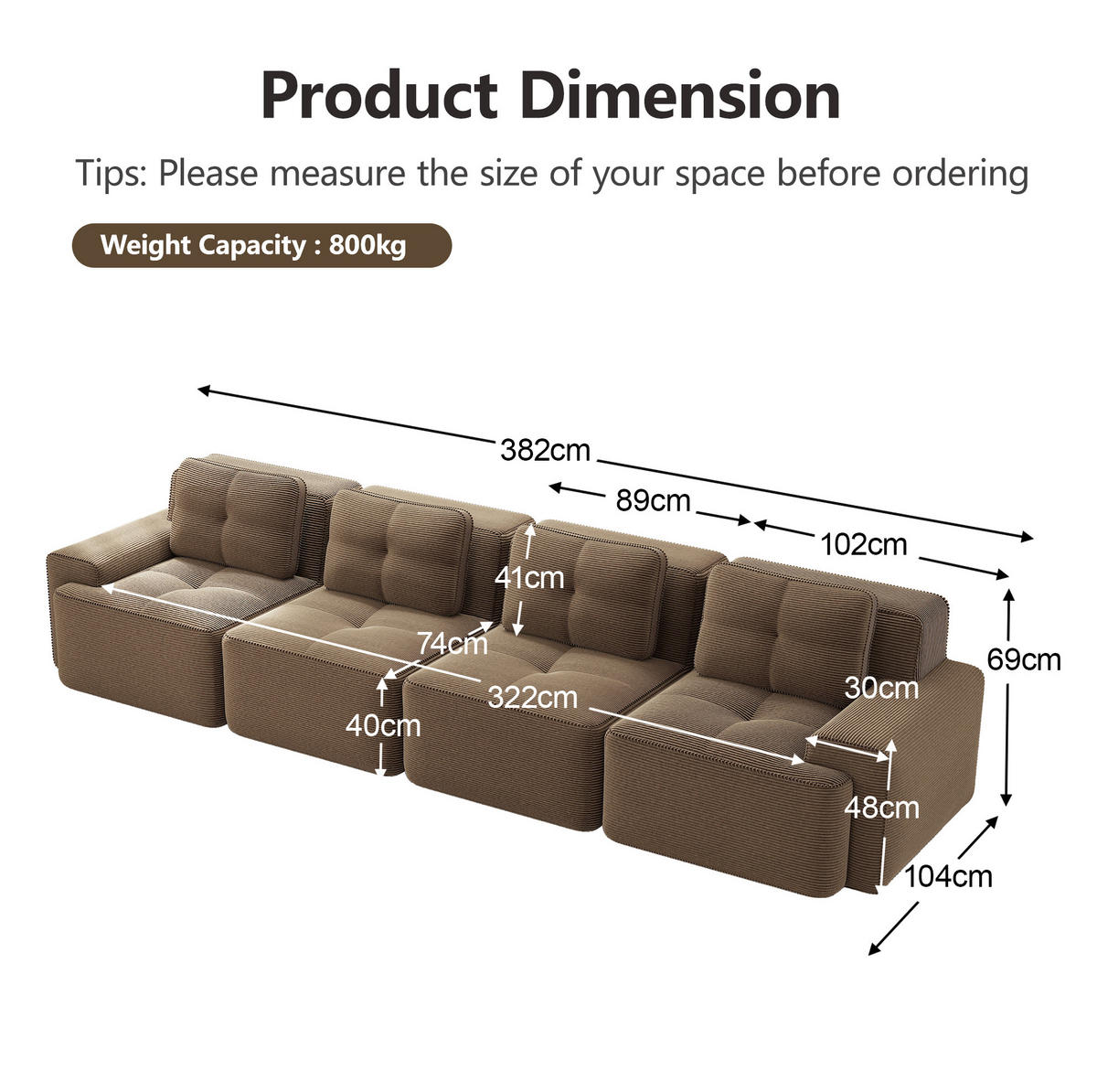 SOFA modular mit Tiefsitz 74 cm Cord Braun - Braun, Kunststoff (104/69/382cm) - Meubliv