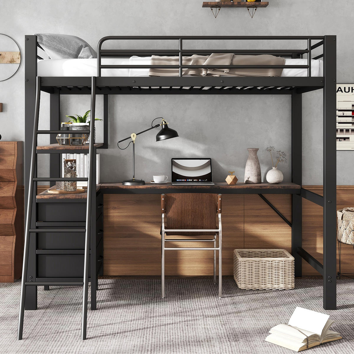 ETAGENBETT 90/200 cm in Schwarz & Dunkler Walnuss mit 3 Schubladen, Tisch und Regal - Schwarz, Holzwerkstoff/Metall (90/200cm) - CHICFURN