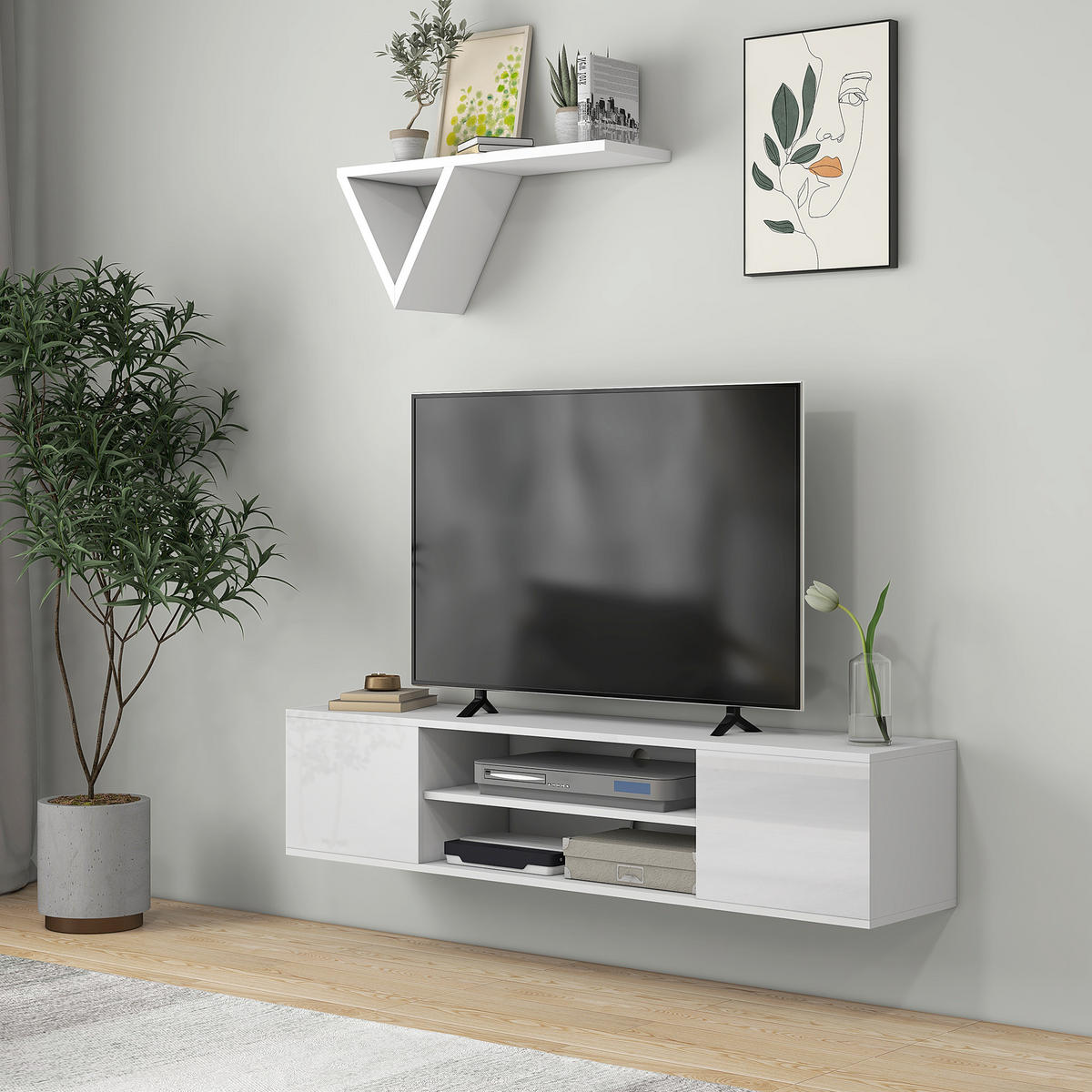 TV-LOWBOARD Weiß 140/30/30 cm, Hängend, 2 Türen, 2 Fächer - Weiß, Holzwerkstoff (140/30/30cm) - PANGIVO