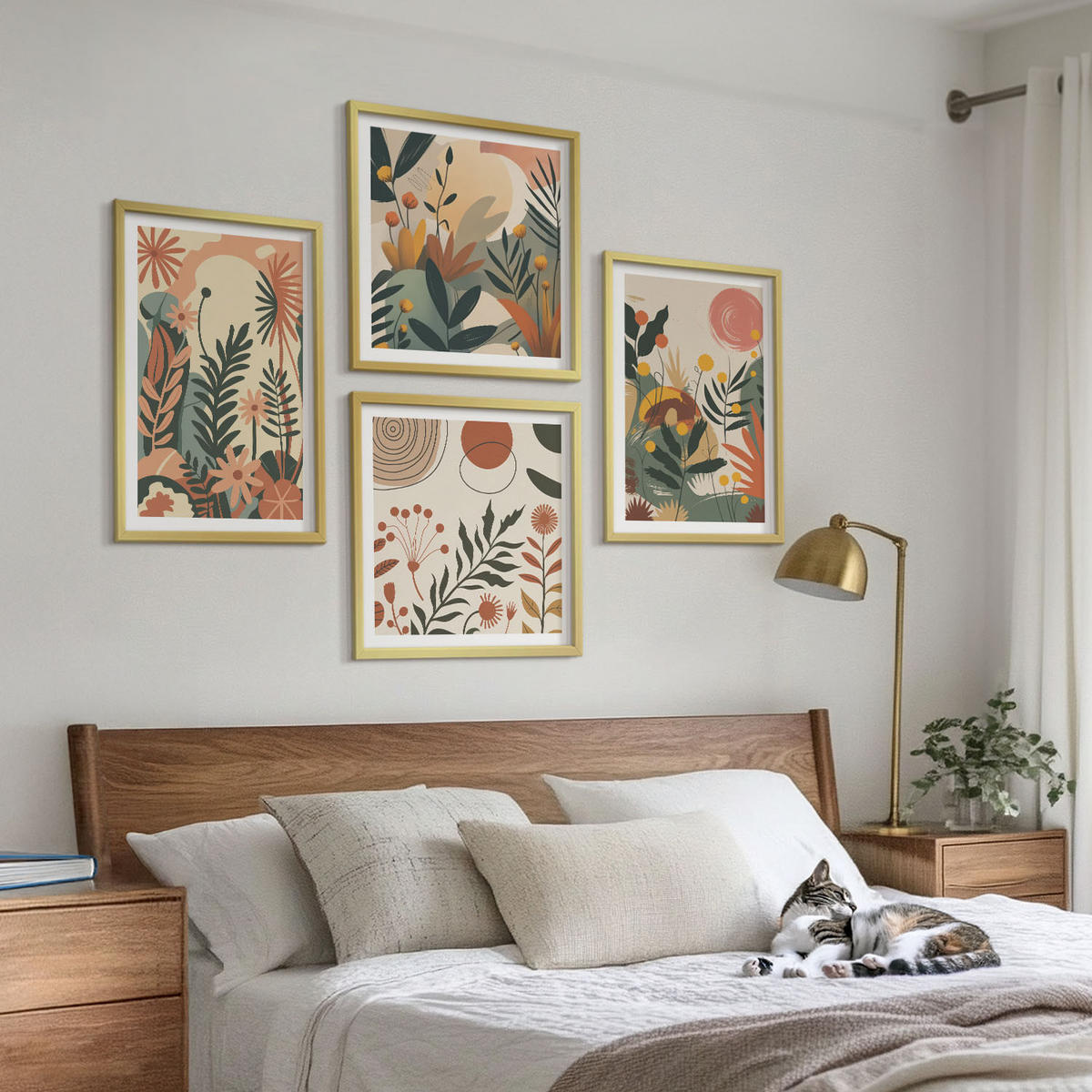 WANDBILDER 4er Set - 50x50 cm & 40x60 cm Goldrahmen - Pastellfarbene Pflanzenmuster - Goldfarben, Kunststoff (50/50cm) - ArtPrintCave